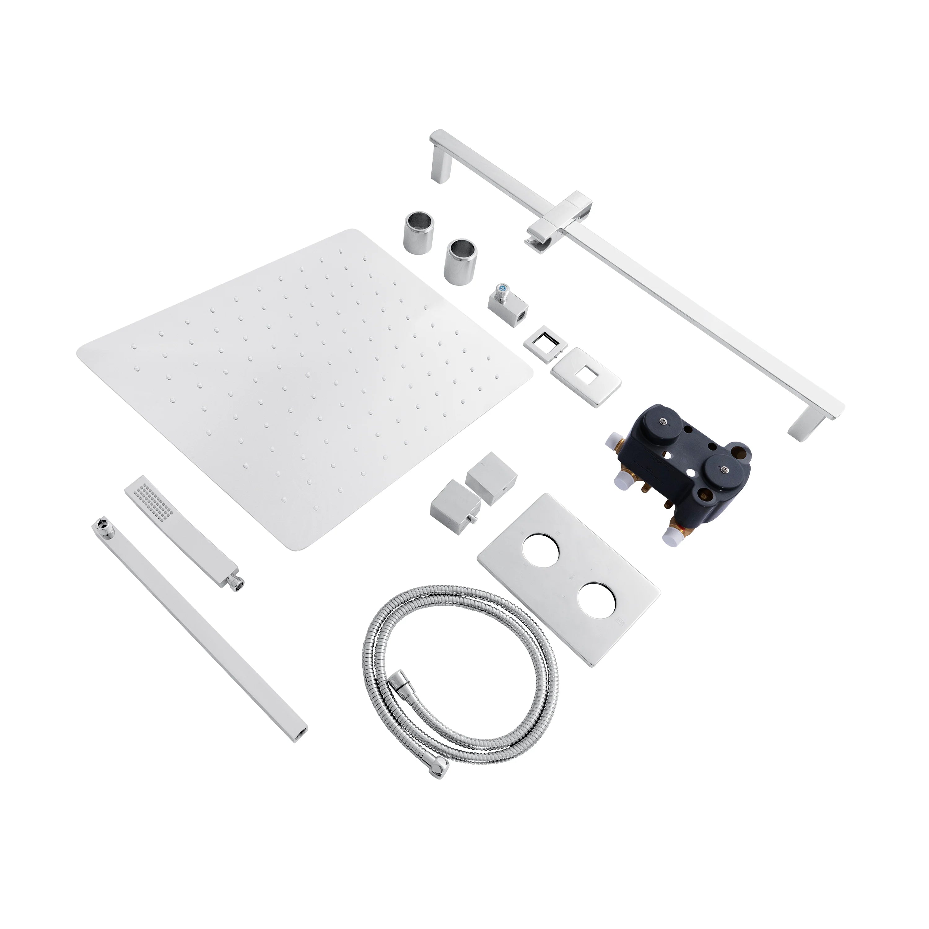 Thermostatic shower set parts: square rain shower head, arm, hose, valve, brackets
