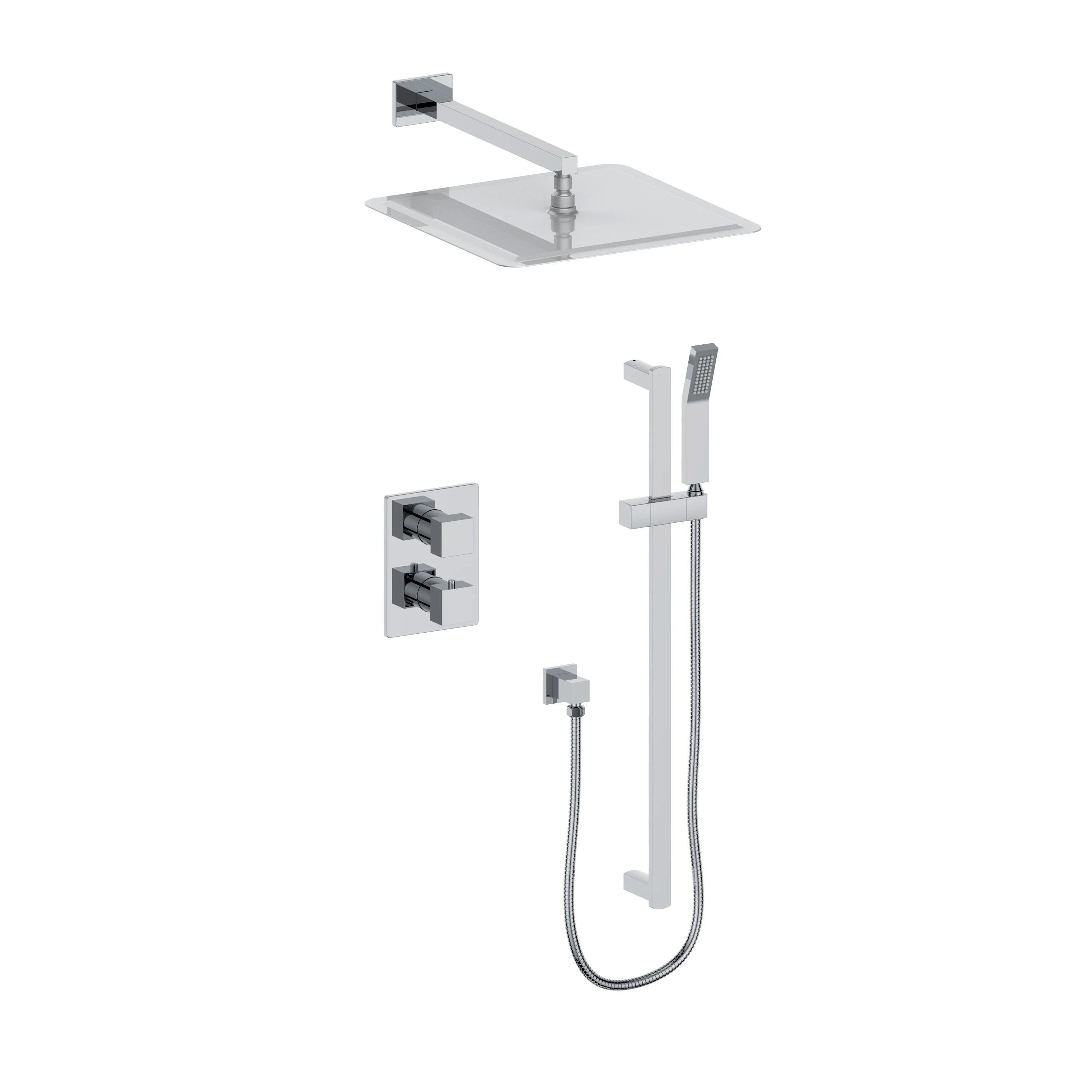 Wall-mounted thermostatic shower system with overhead rain head, slide bar, hand shower