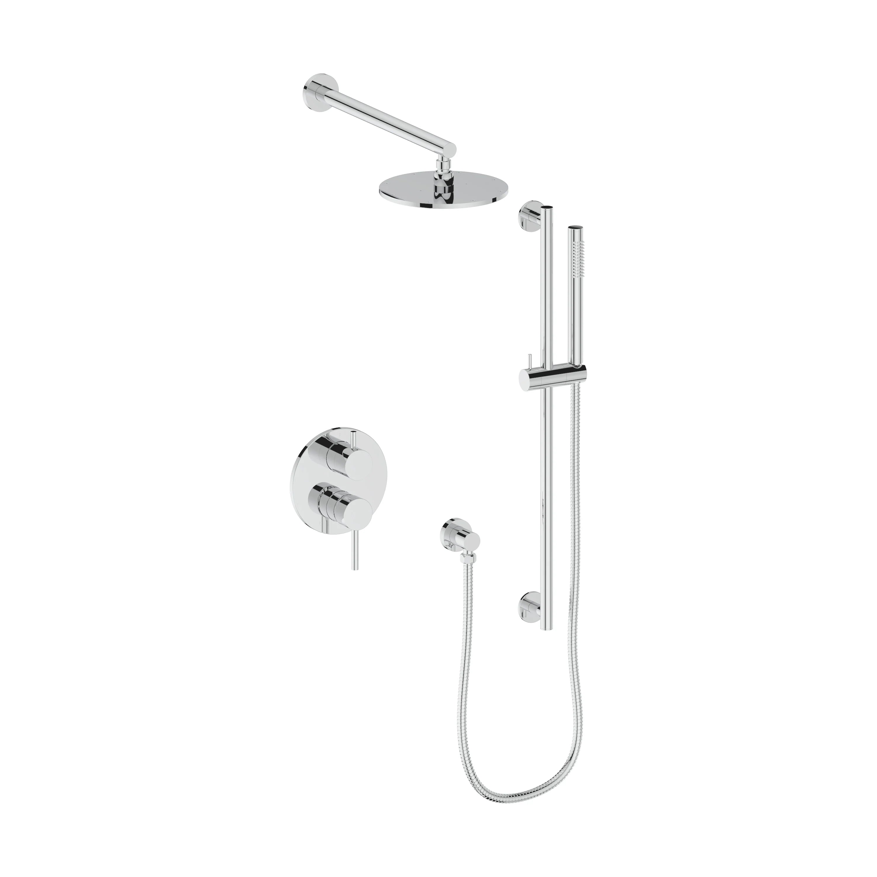 Chrome shower faucet set with overhead bar, wall mount, riser, and flexible hose