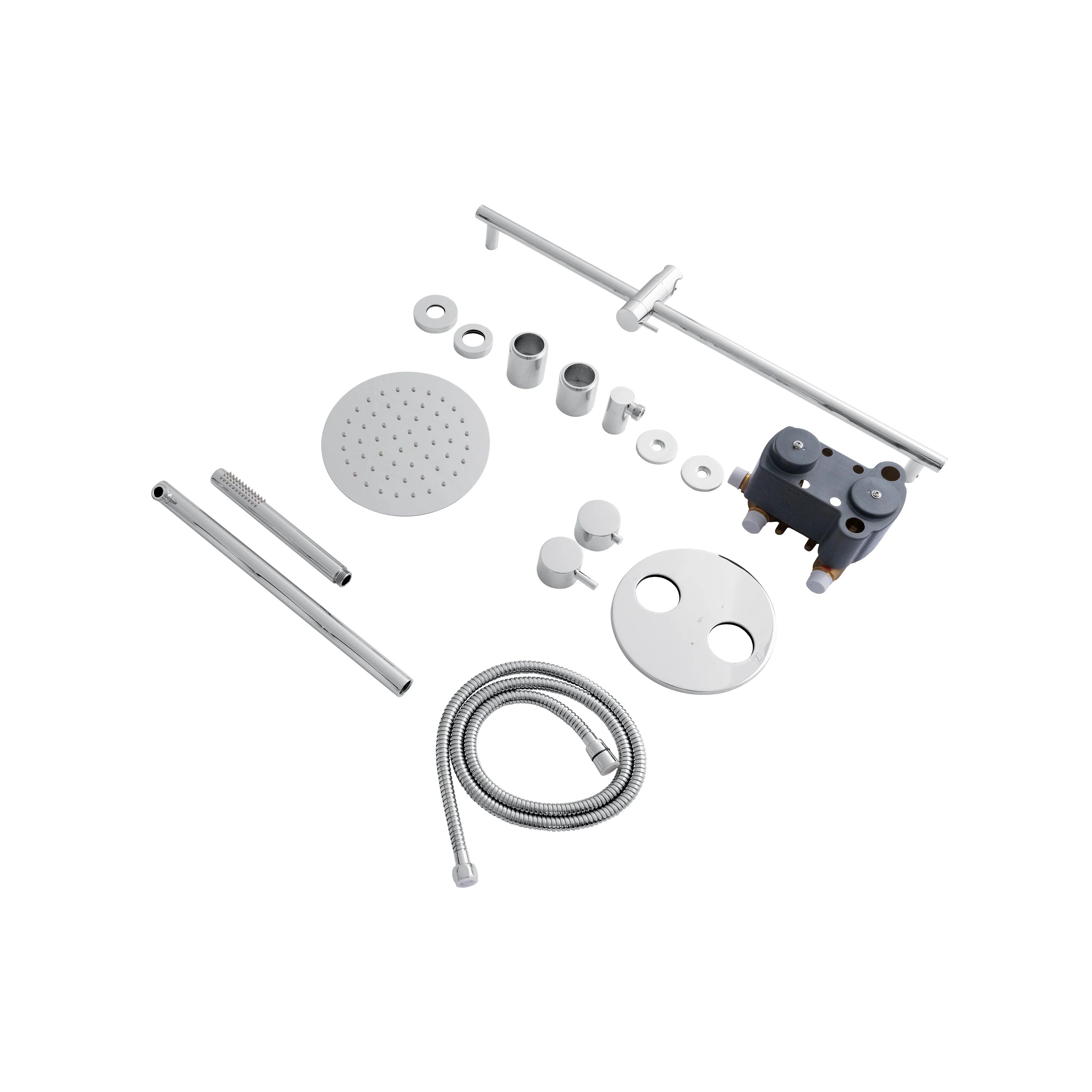 Chrome thermostatic shower system kit with overhead head, arm, shower parts, and hose