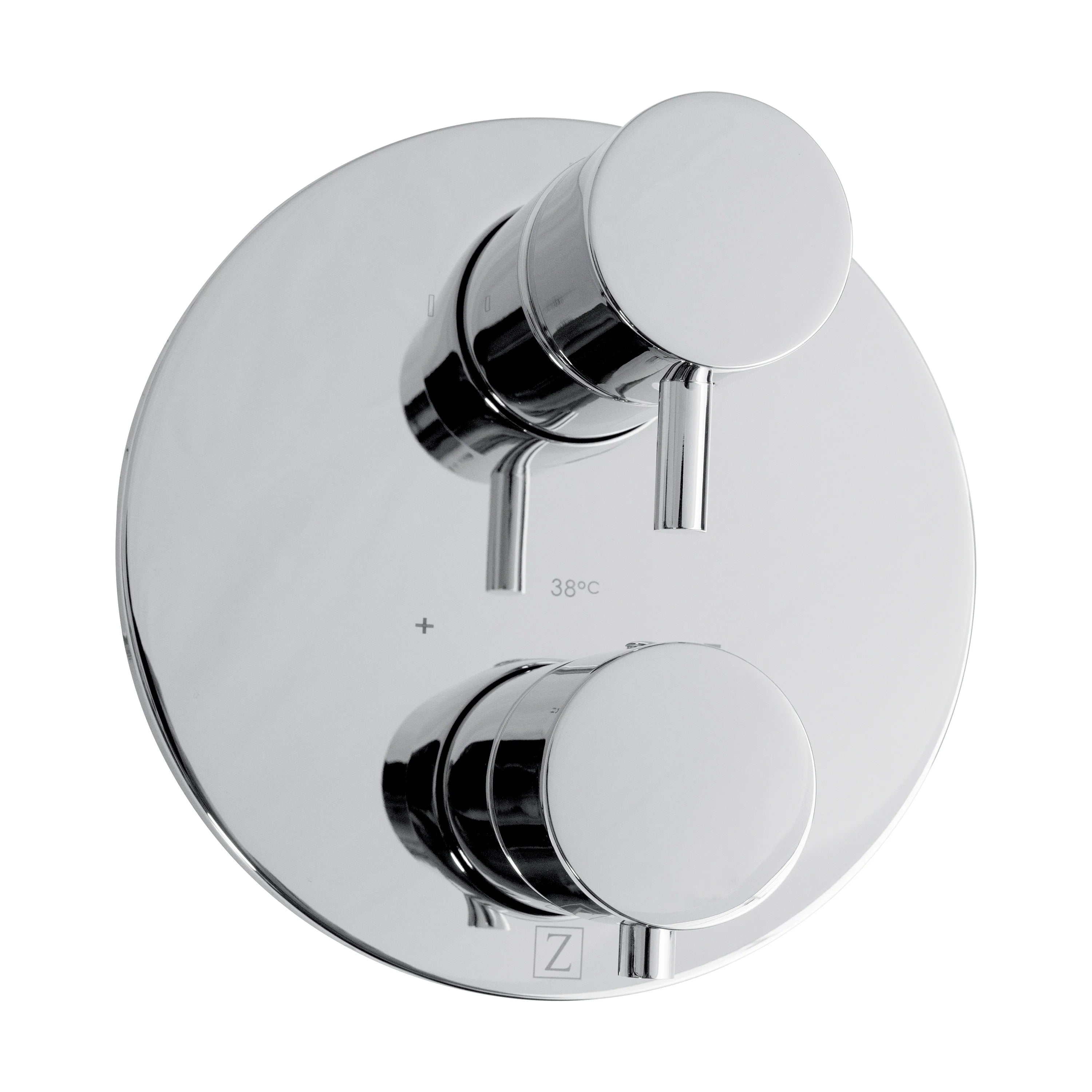 Chrome thermostatic mixer control with two round knobs and smooth wall plate