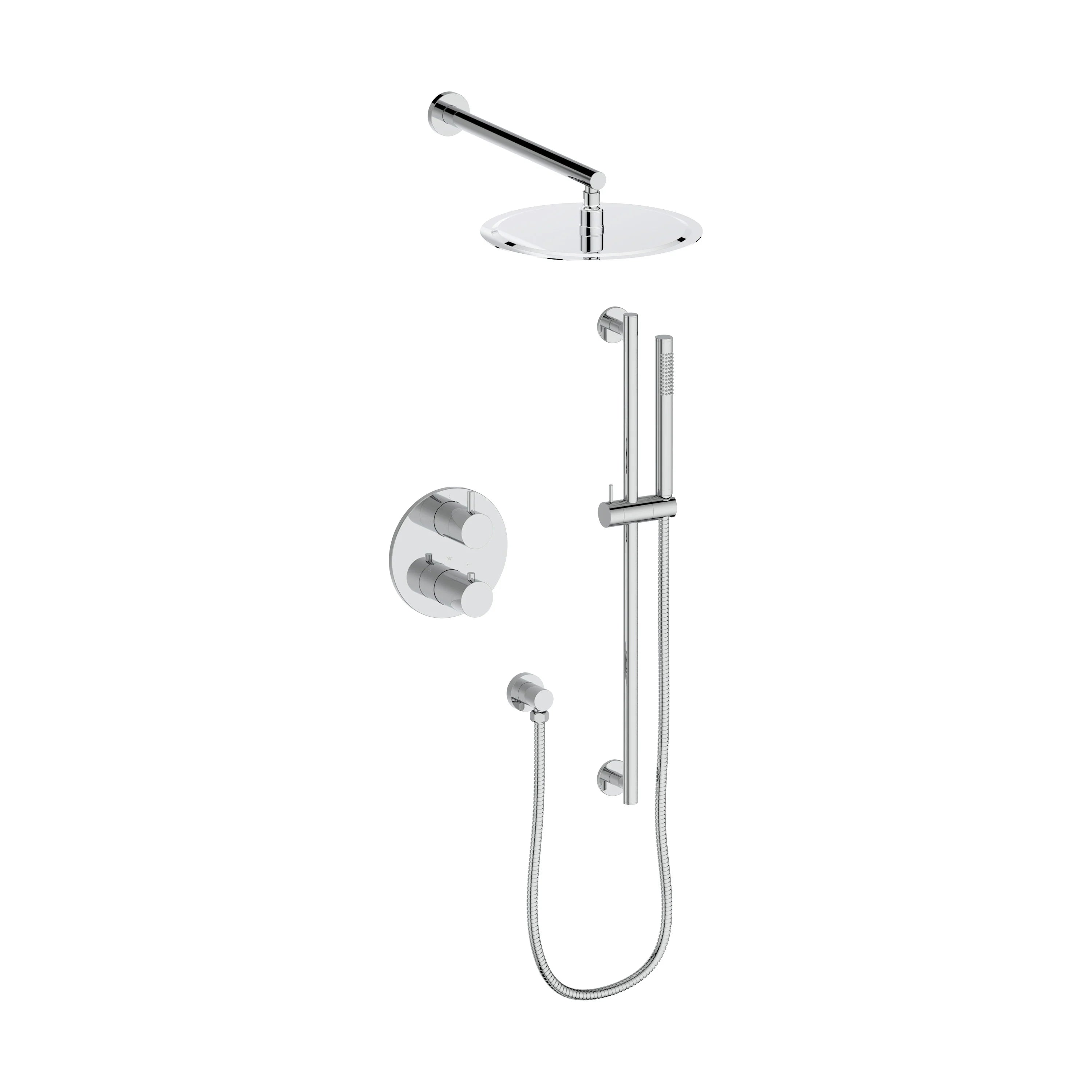 Chrome thermostatic shower set with wall mount, handheld, hose, and overhead spray