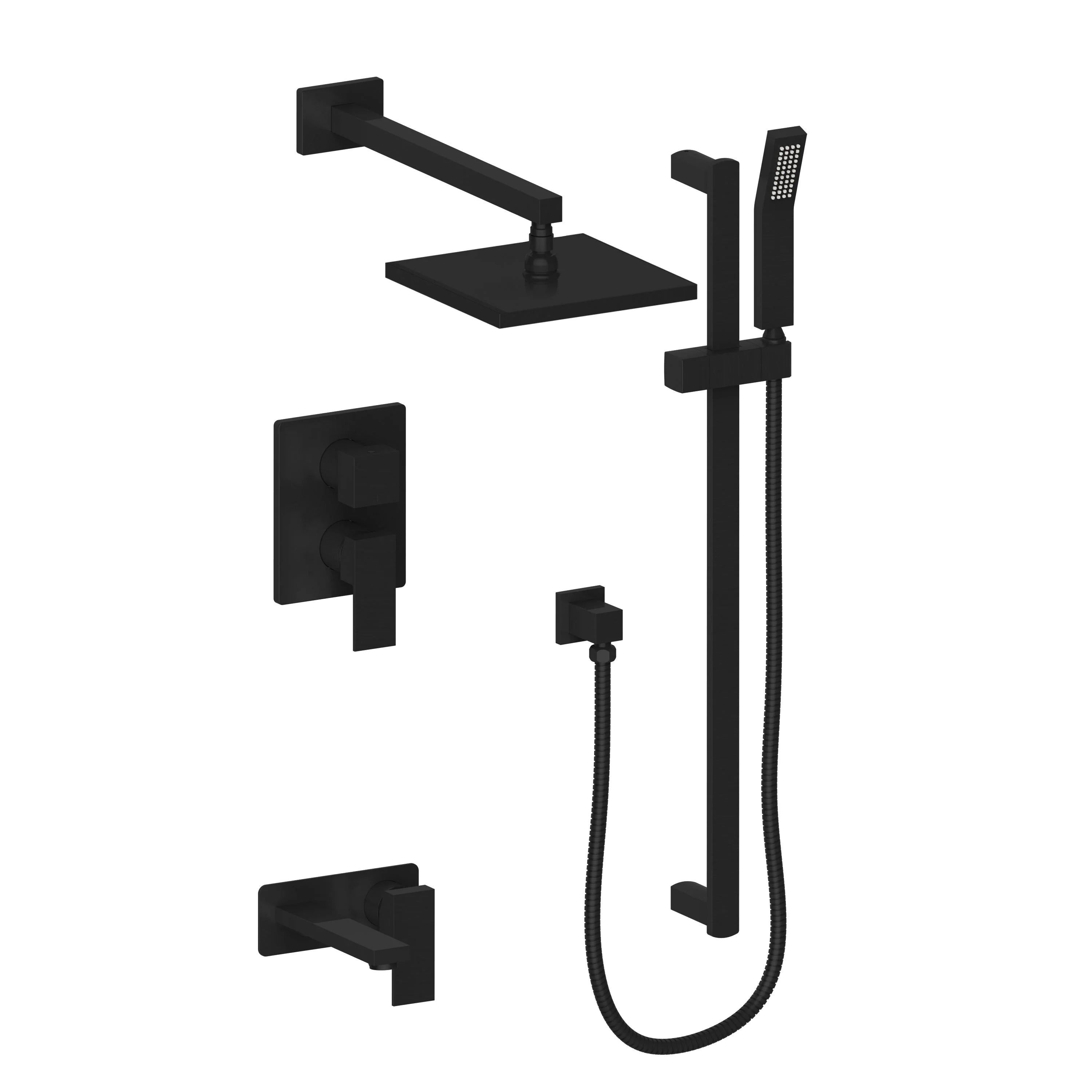 Matte black wall-mounted shower faucet set with hand shower and flexible hose
