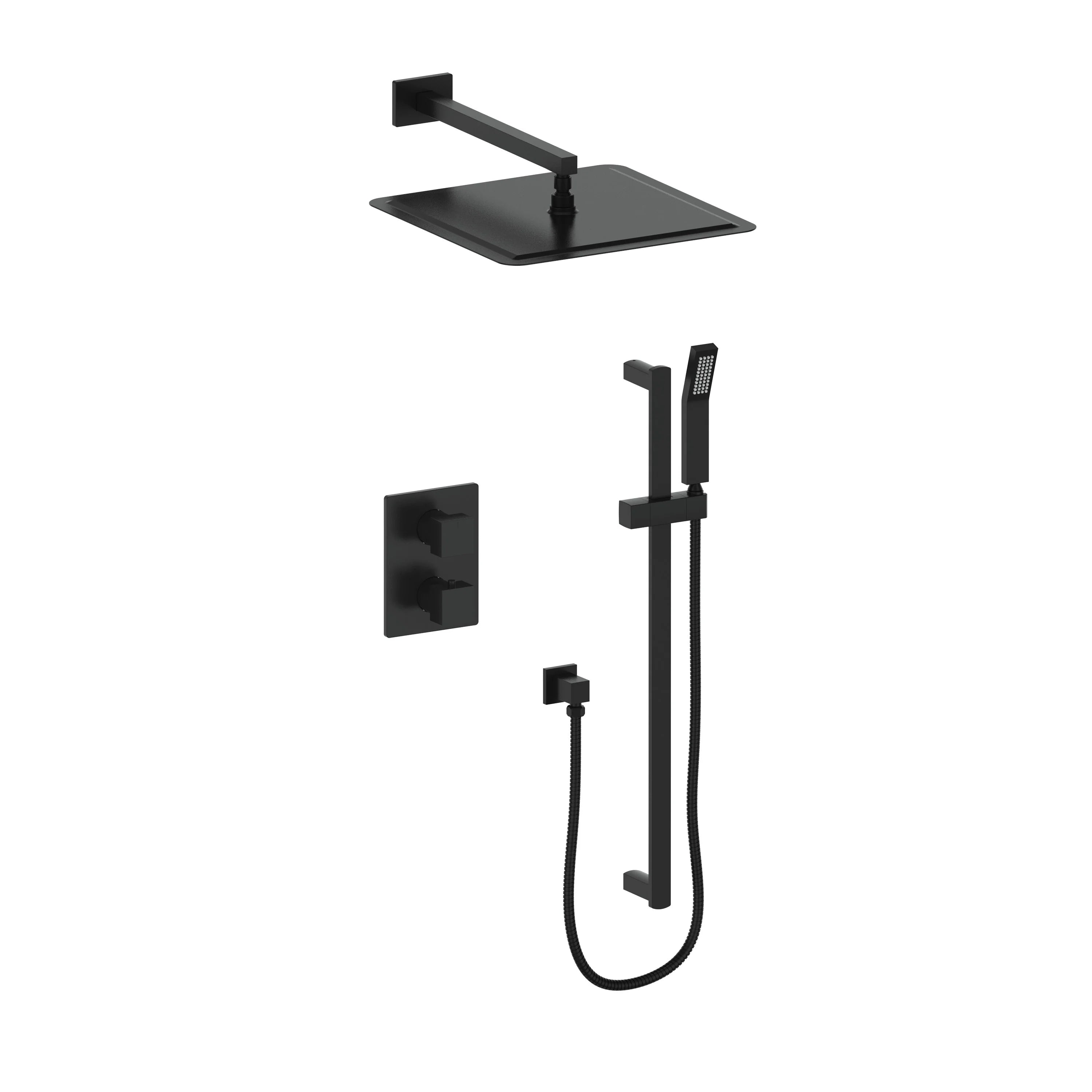 Matte black thermostatic shower set with ceiling rain head, wall controls, and hand shower