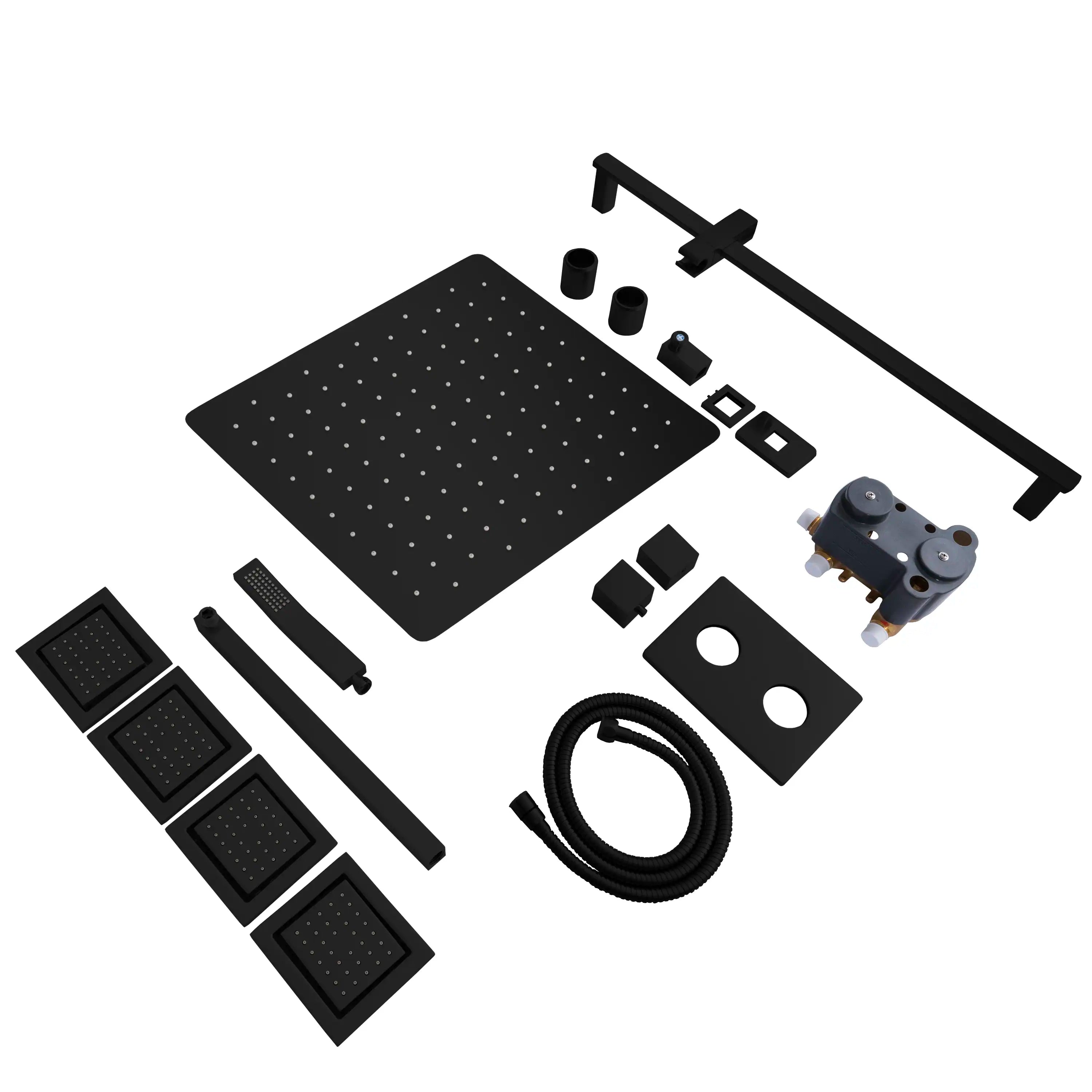 Matte black shower kit components, including overhead head, handles, body jets, hose