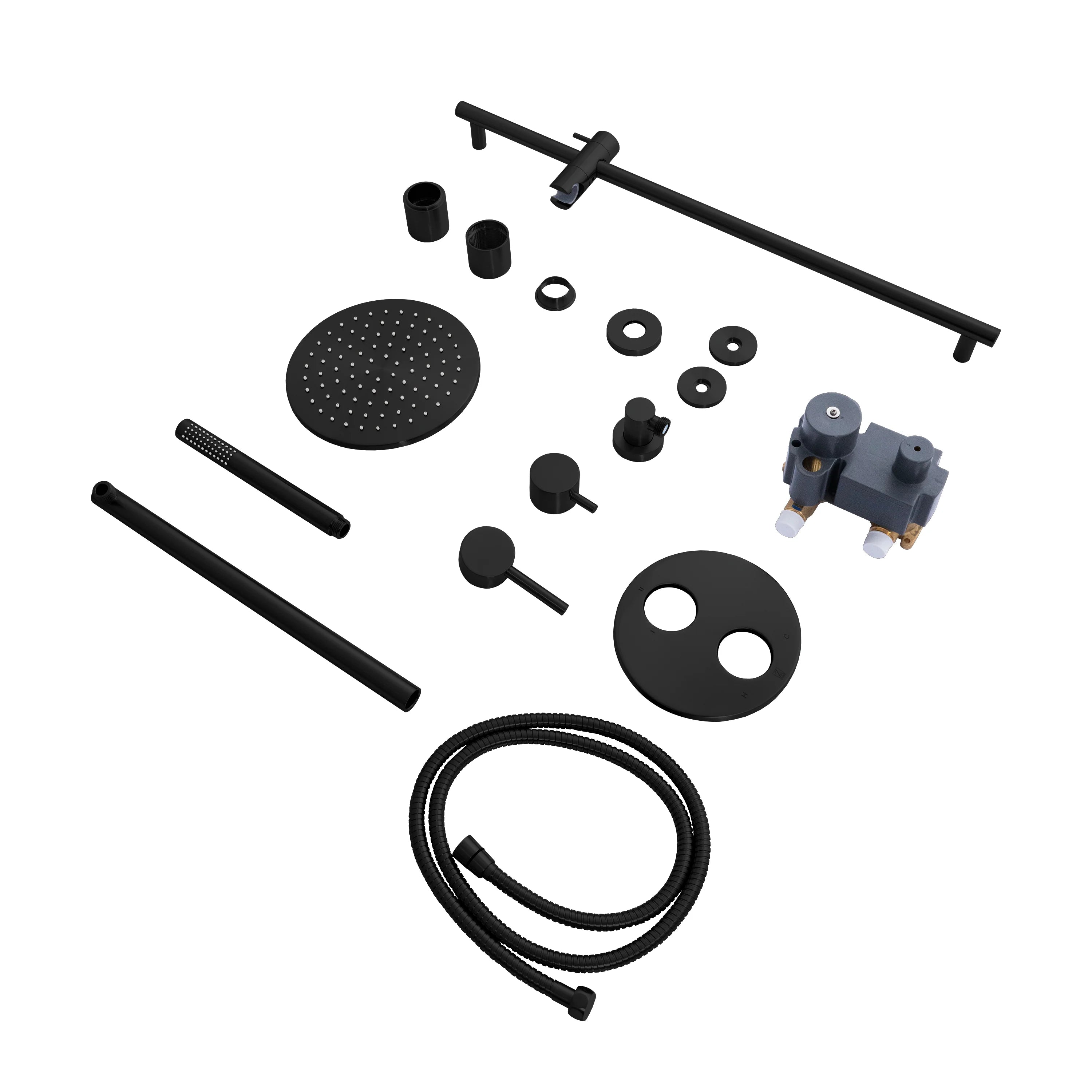 Matte black shower faucet parts set, including head, handle, and hoses