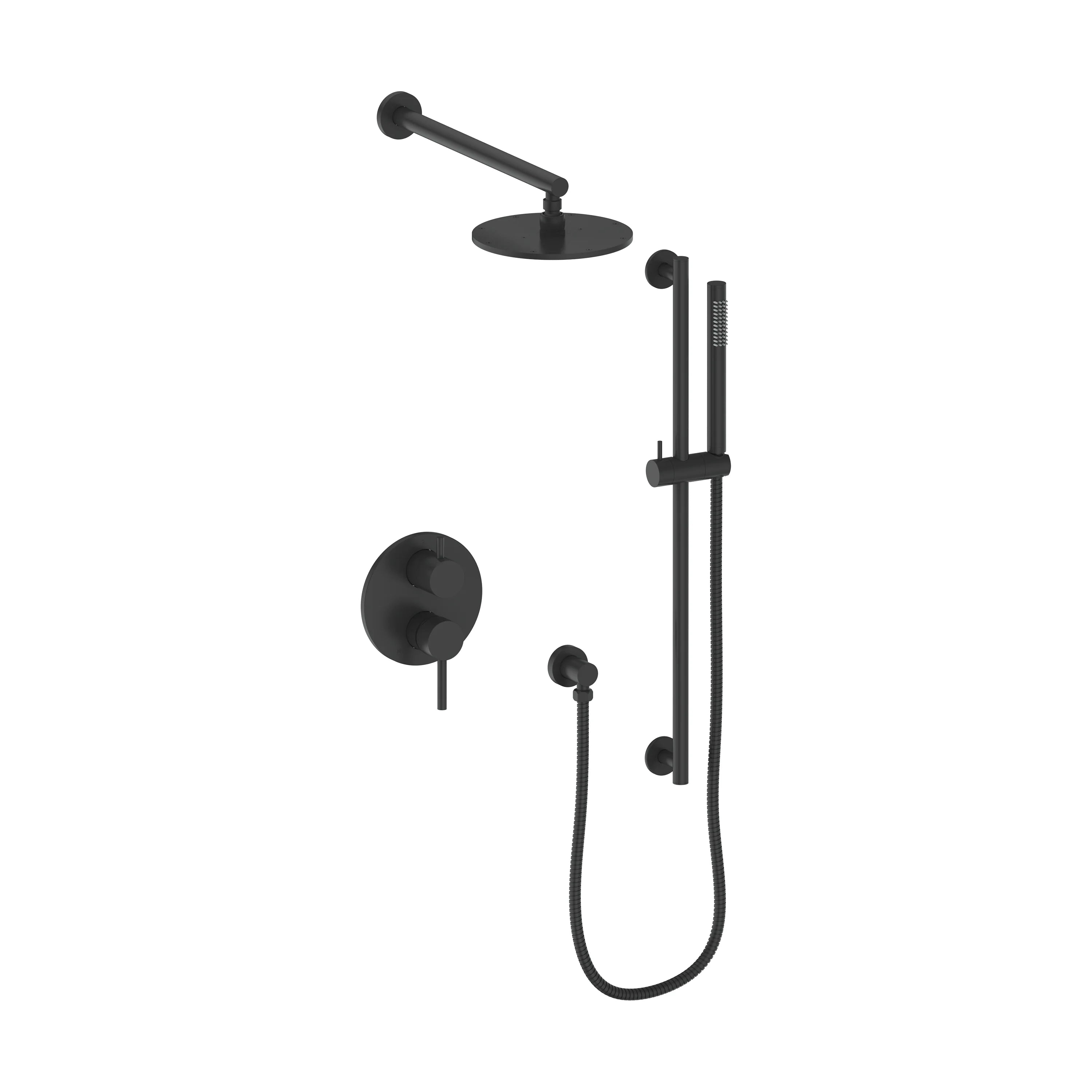 Matte black shower faucet set with hand shower, hose, and controls