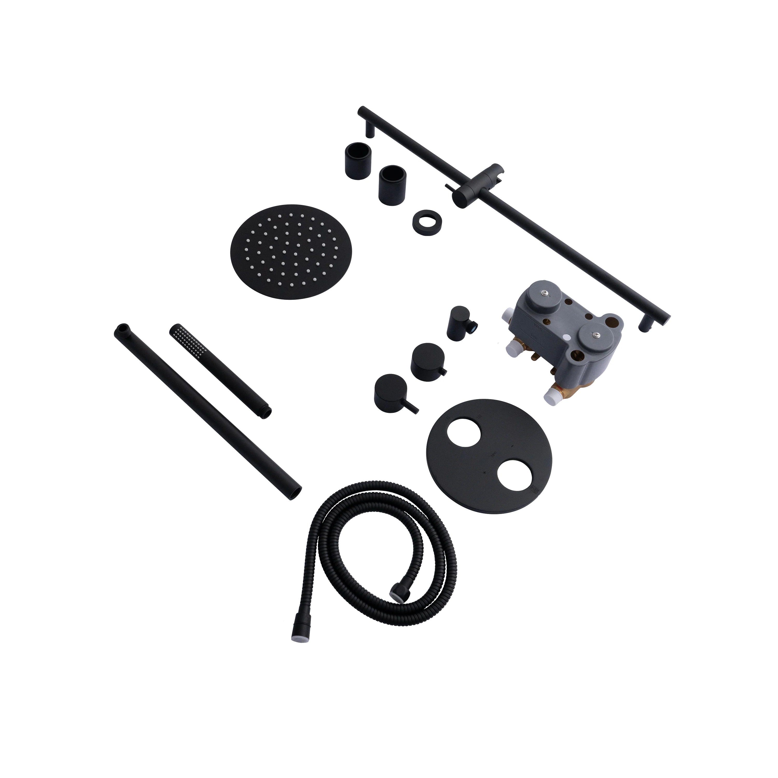 Matte black thermostatic shower system parts set with showerhead, hoses, and trim