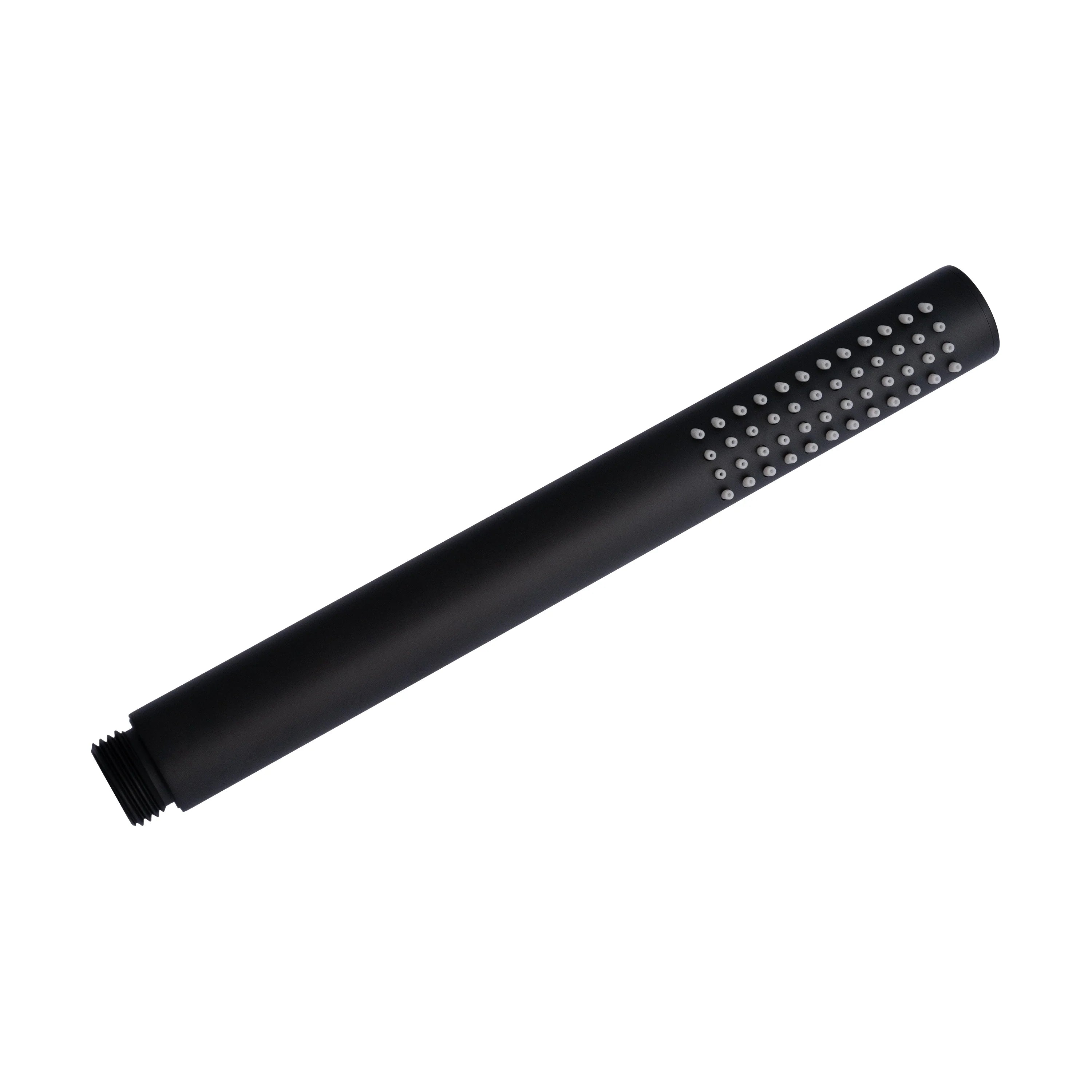 Black rain showerhead with round spray face and attached shower arm