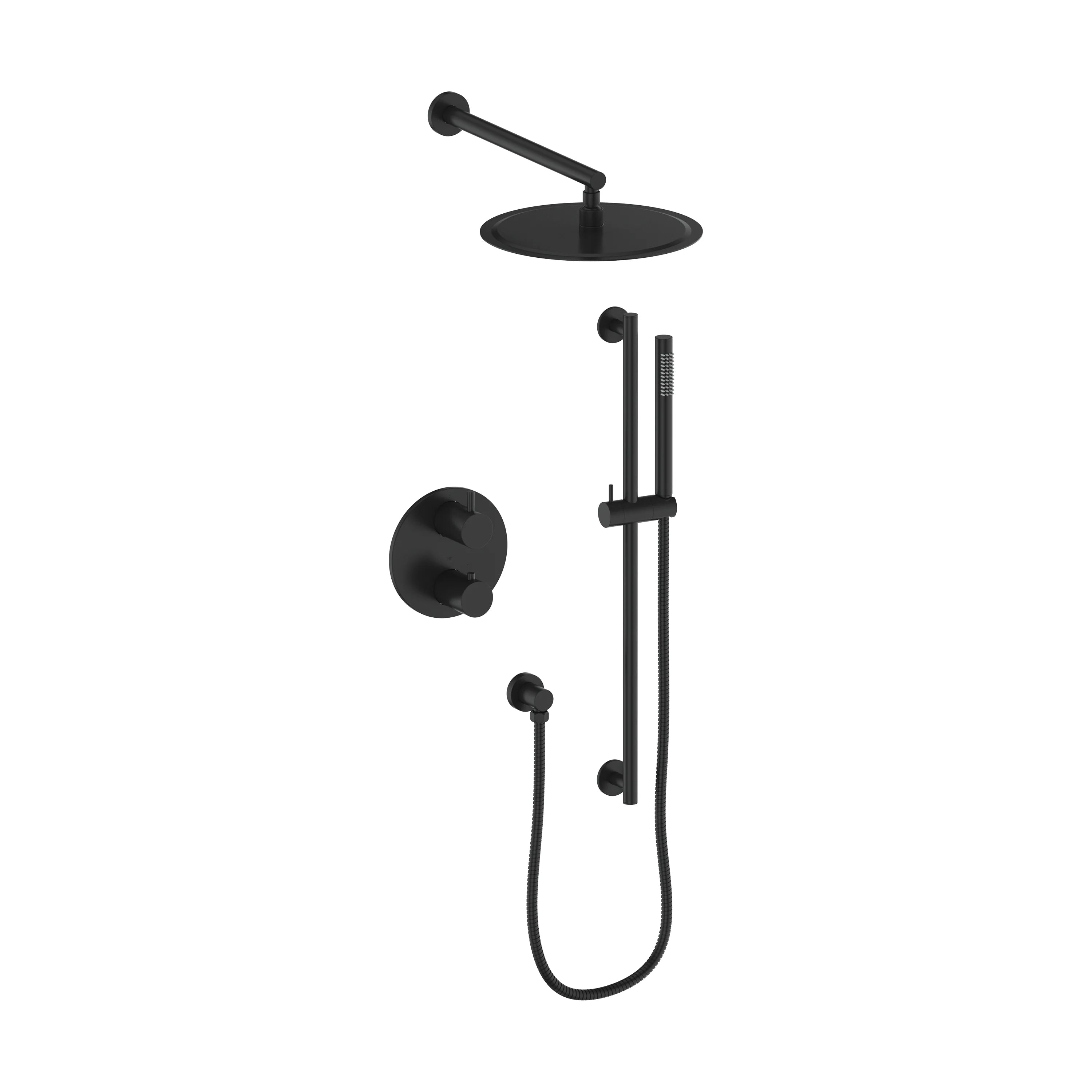 Complete matte black thermostatic shower set with rain head, handle, and flexible hose