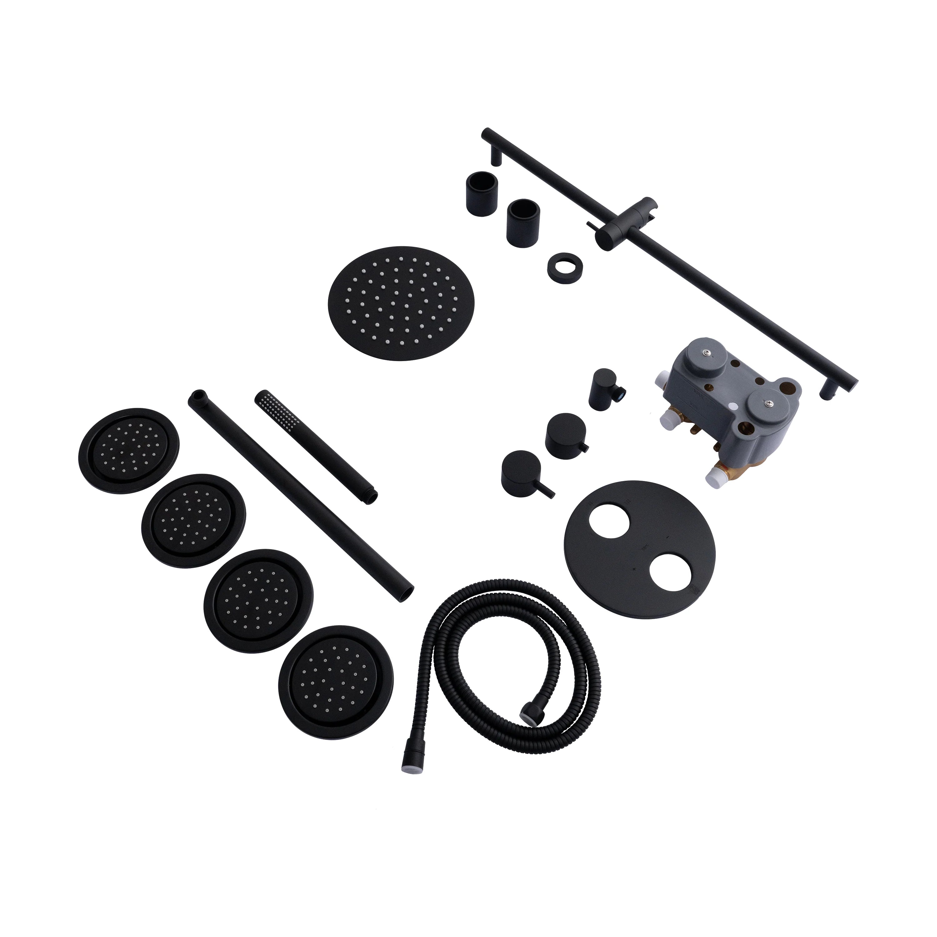 Matte black thermostatic shower system parts kit with jets, hose, and valve