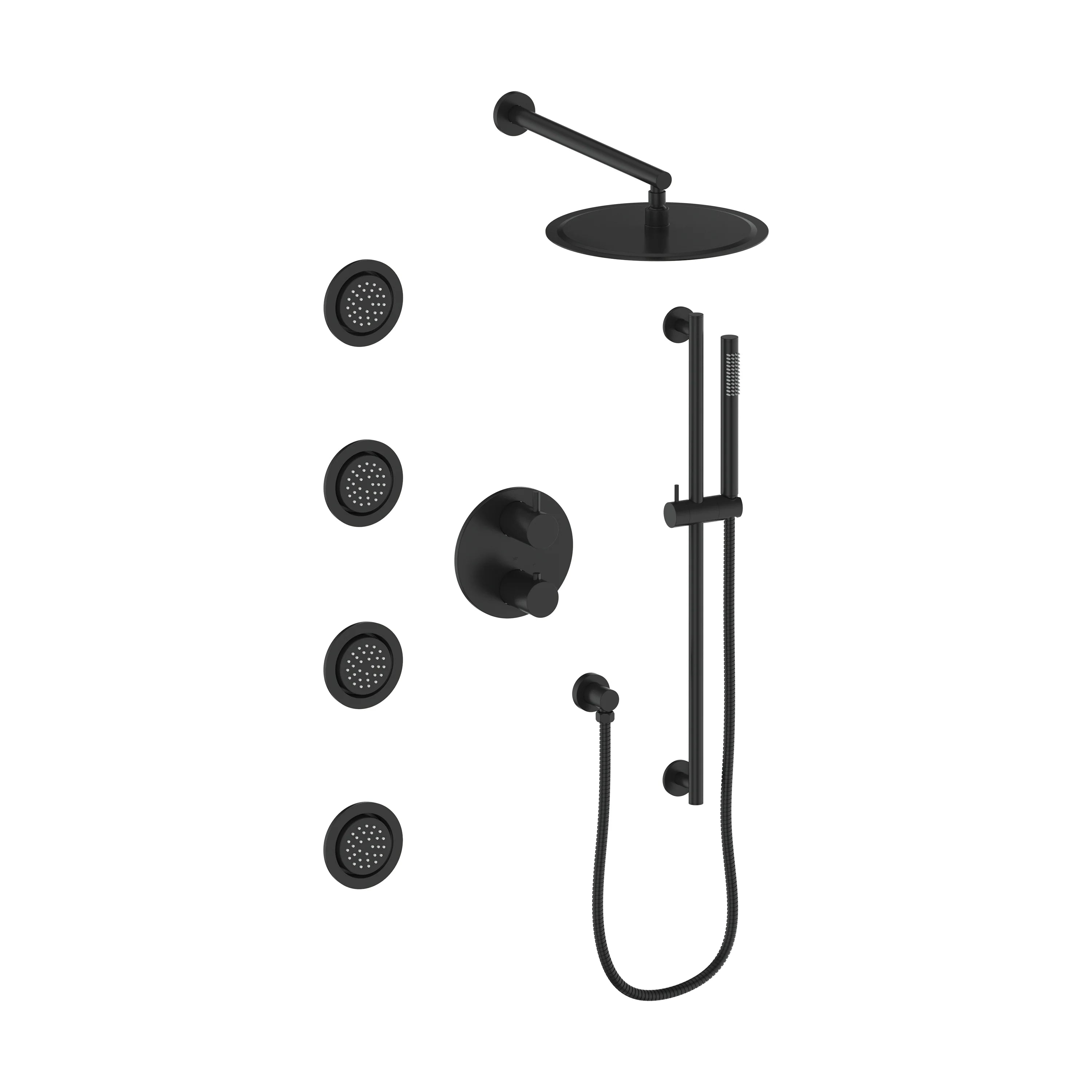 Matte black shower system components with ceiling head, handheld, and body jets