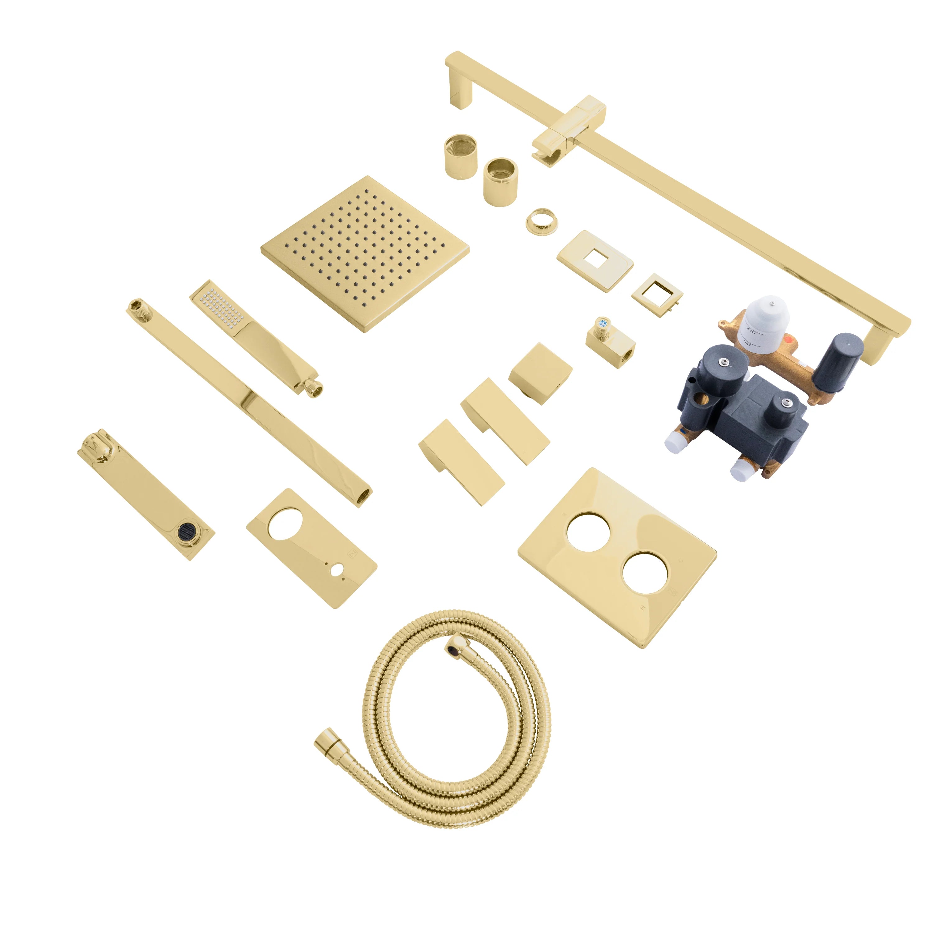 Polished gold shower system components in exploded view, including hand shower and tubing