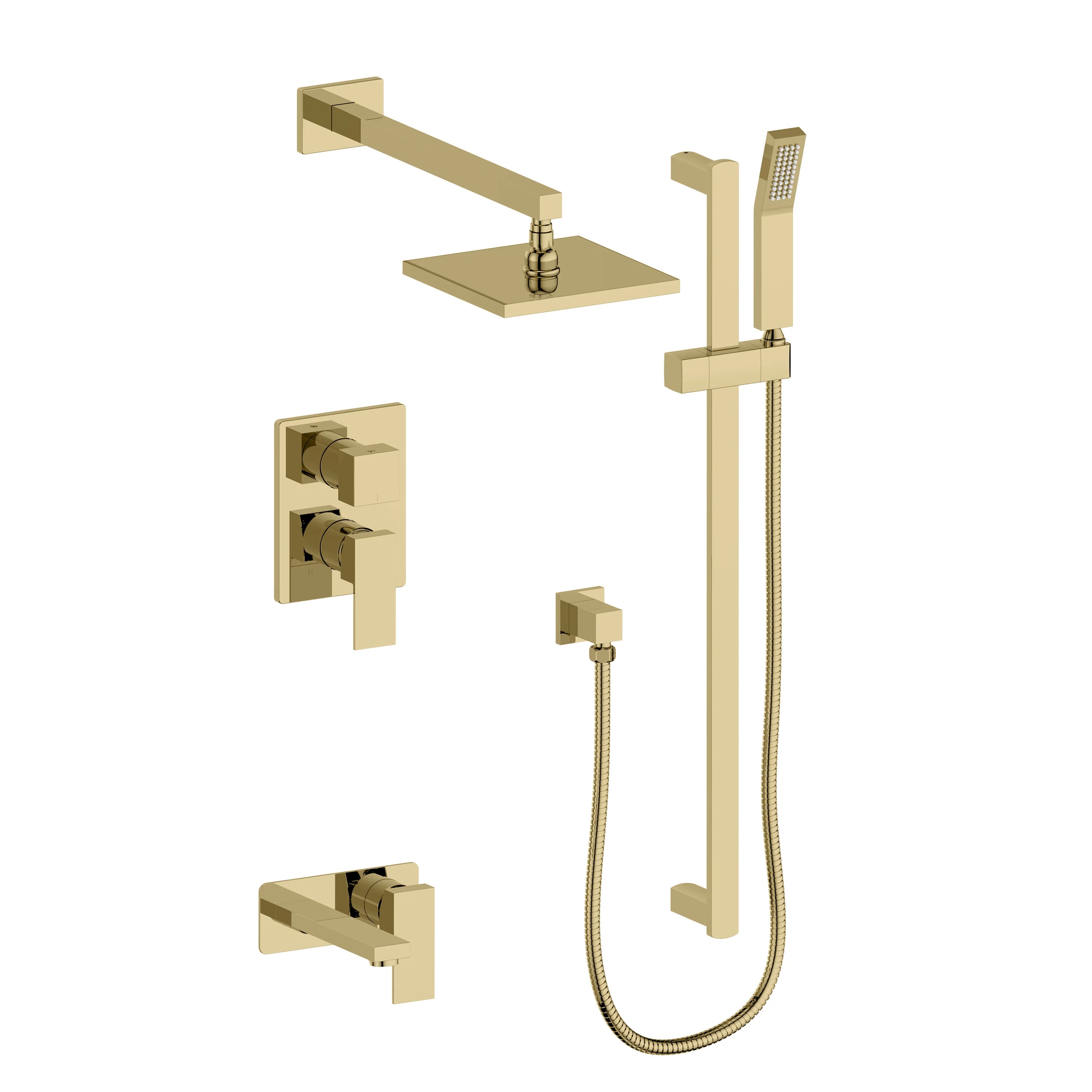 Polished gold wall-mounted shower set with overhead shower, hand shower, and flexible hose