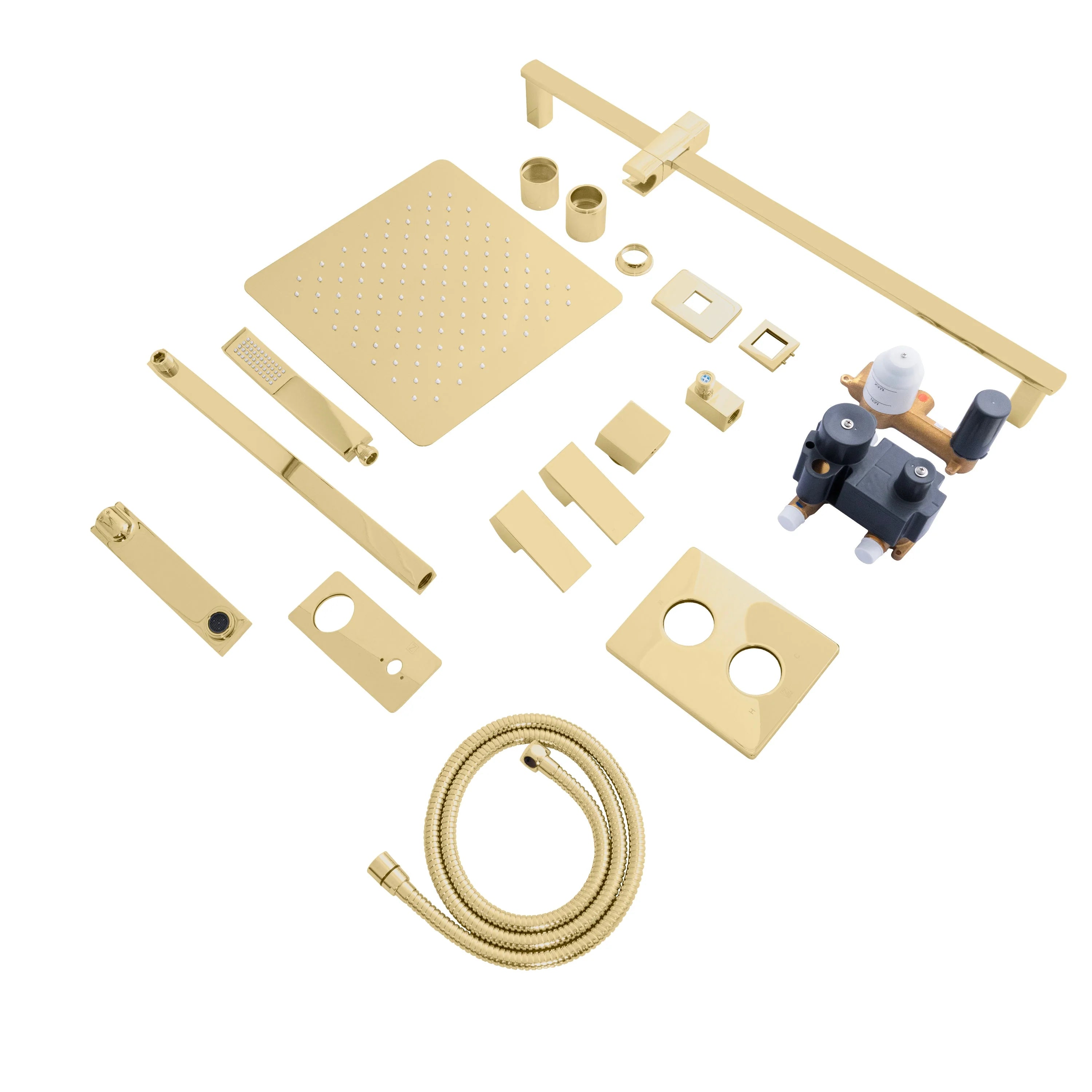 Polished gold shower system components set with oversized shower head, hose, and fittings