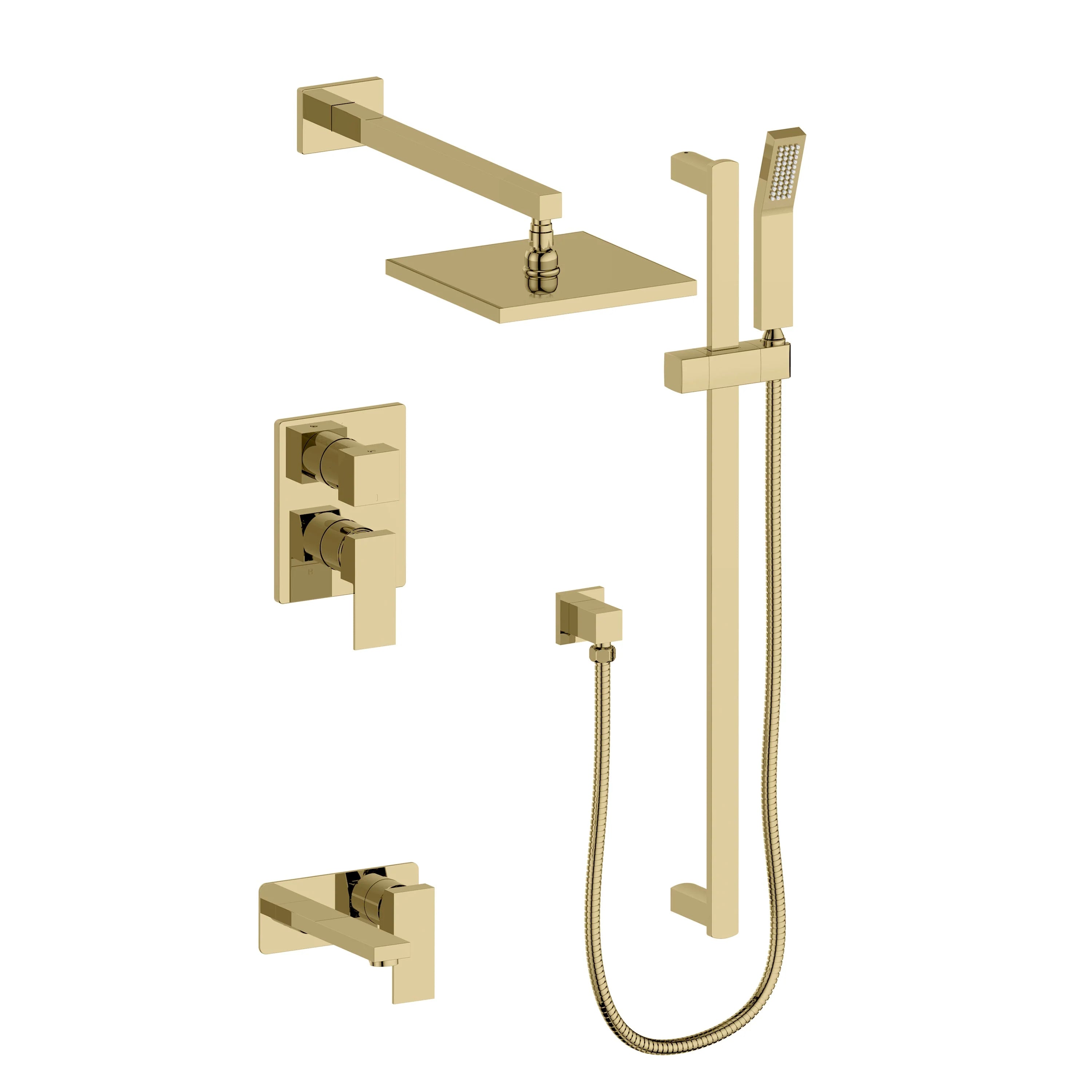 Polished gold shower system with rain shower head, handheld, hose, and control valves