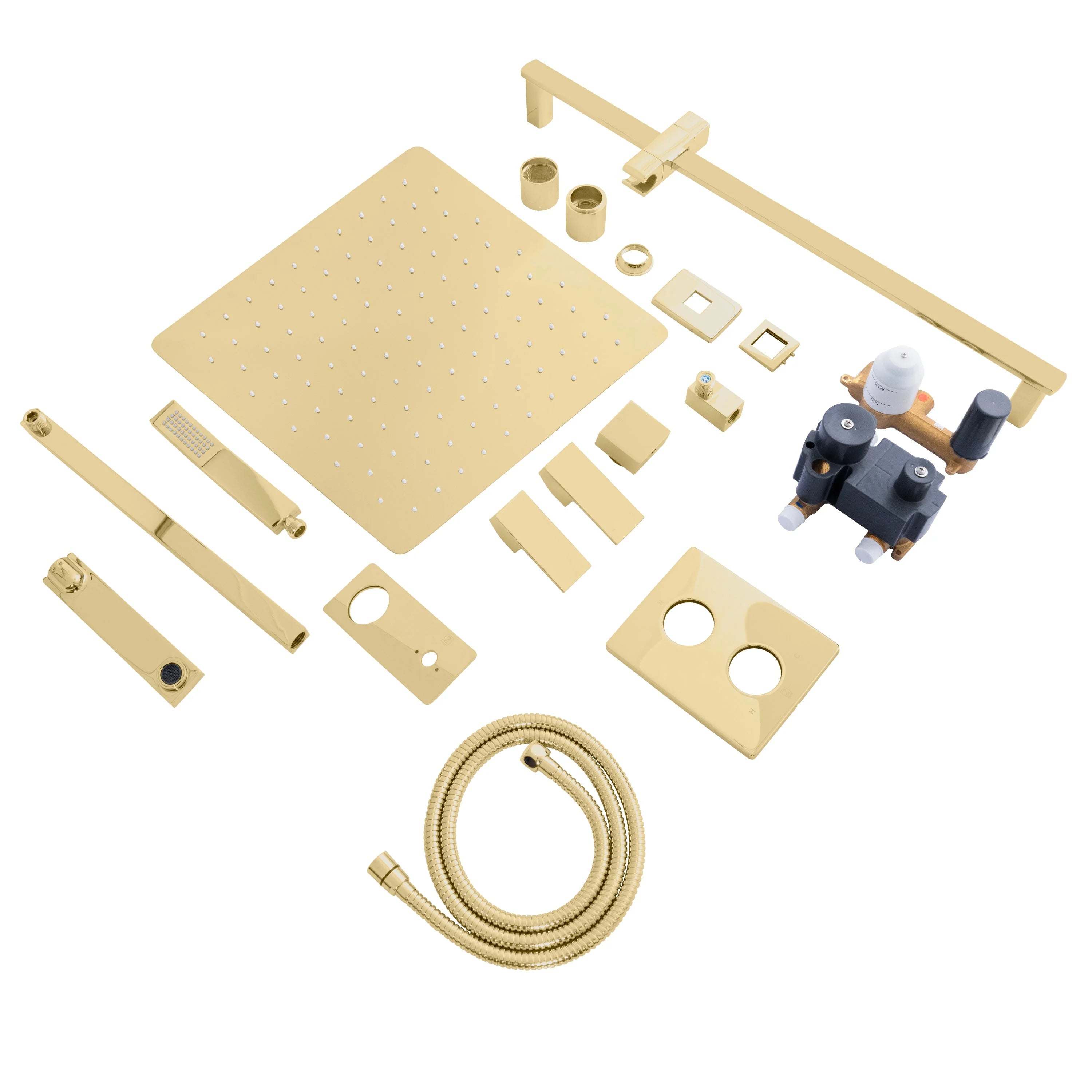 Champagne bronze shower system components kit: trim plates, valves, shower head, hoses