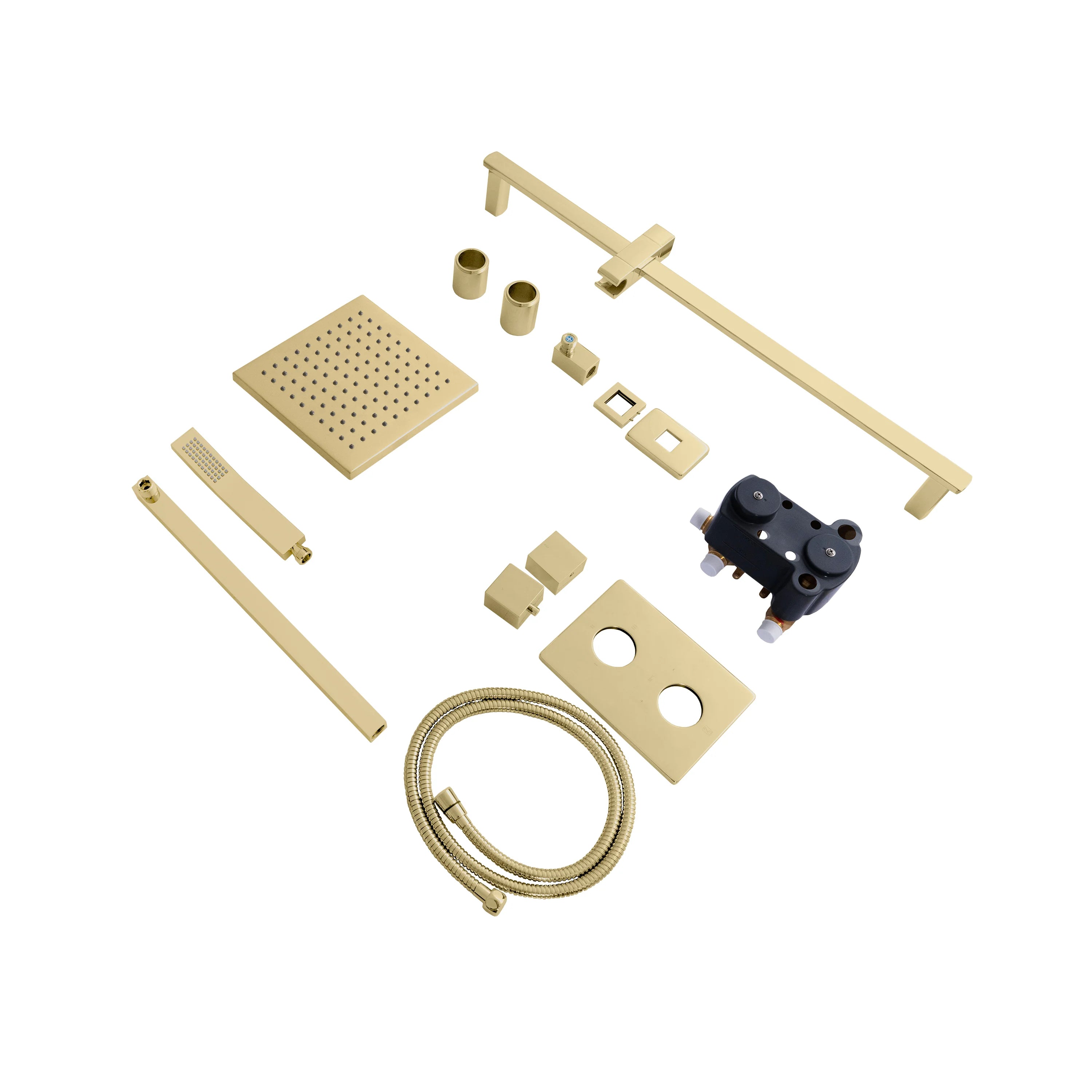Polished gold shower system components kit with trim parts, valve parts, and flexible hose