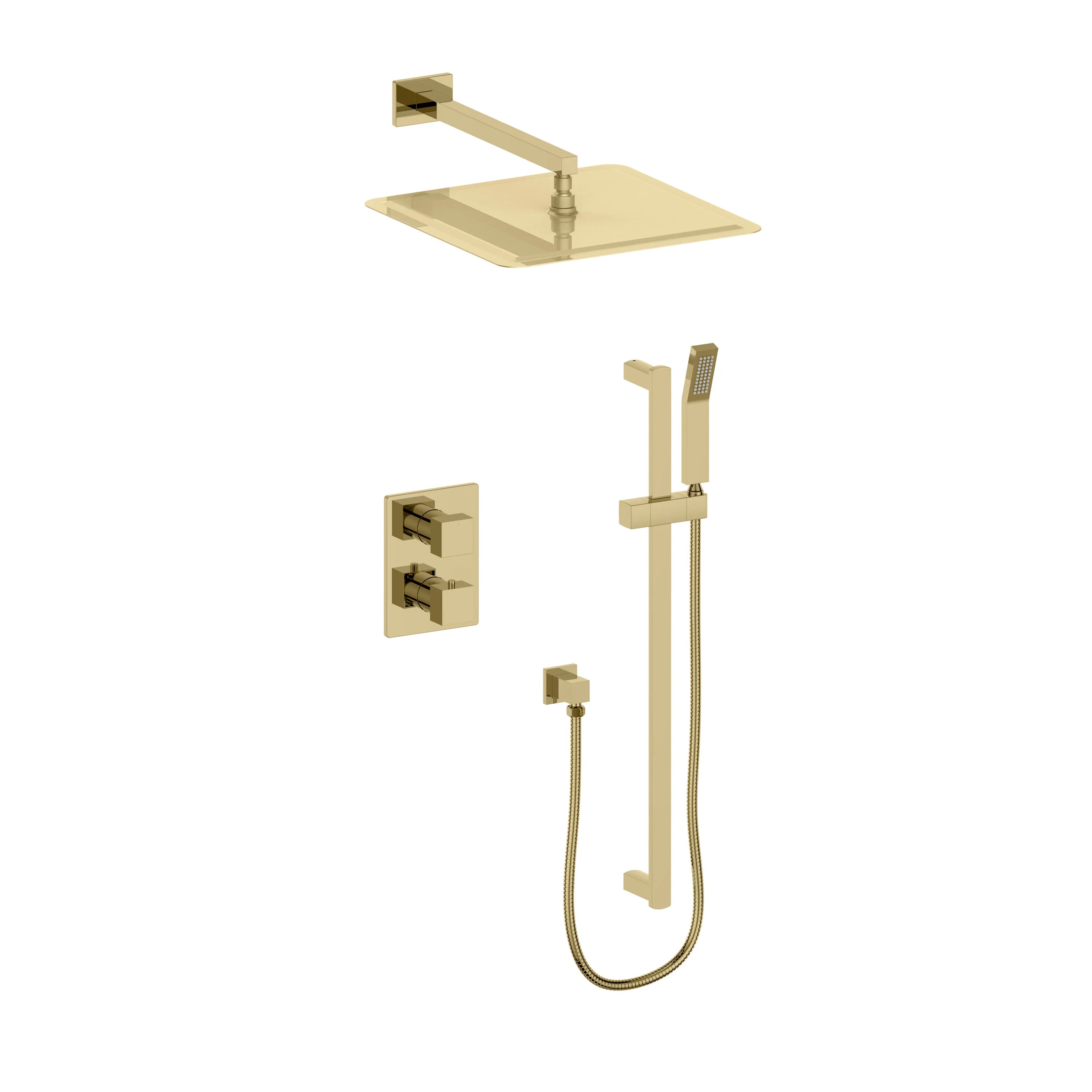 Polished gold shower set with rain shower, handheld sprayer, and thermostatic wall controls