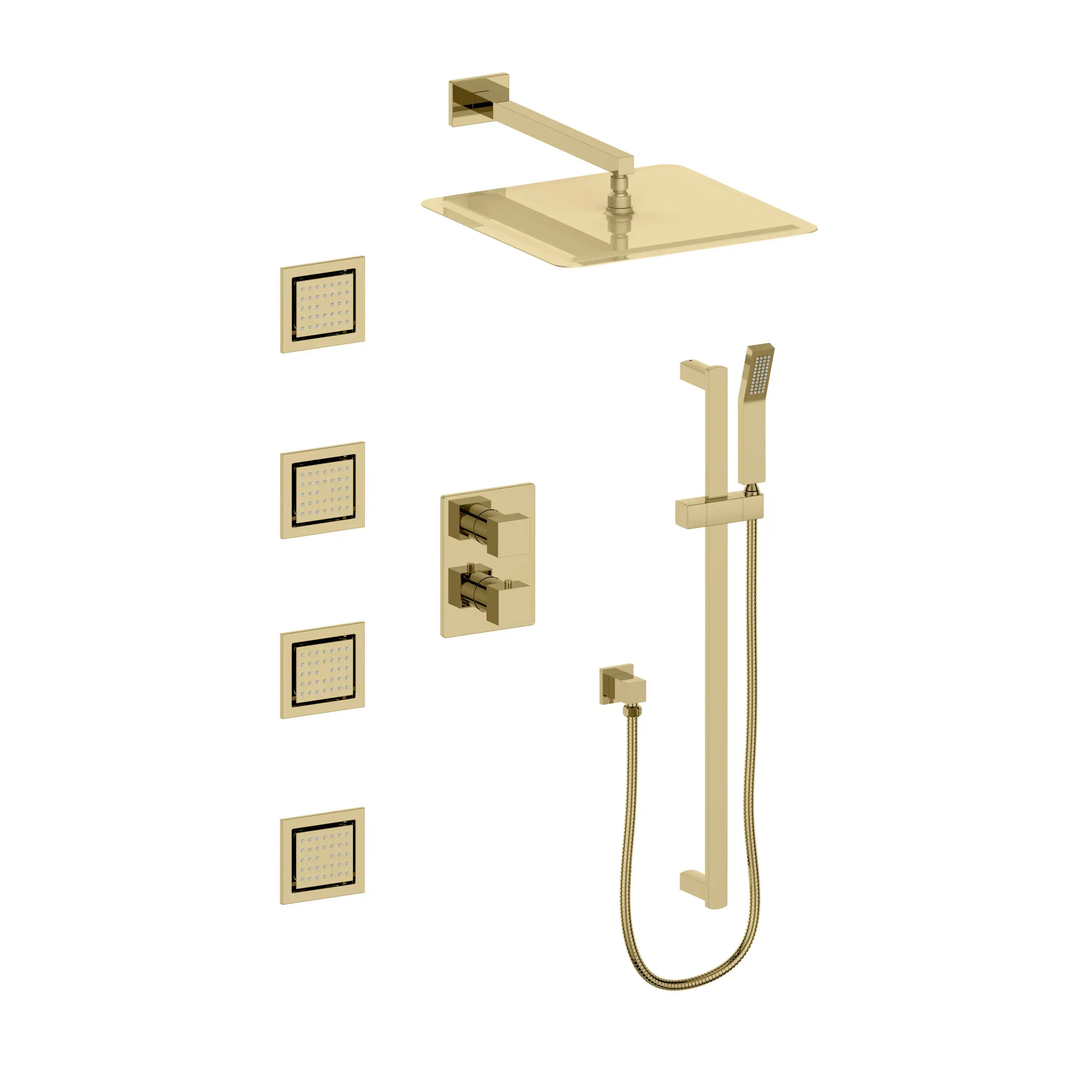 Polished gold thermostatic shower system with rain head, body jets, and control trim