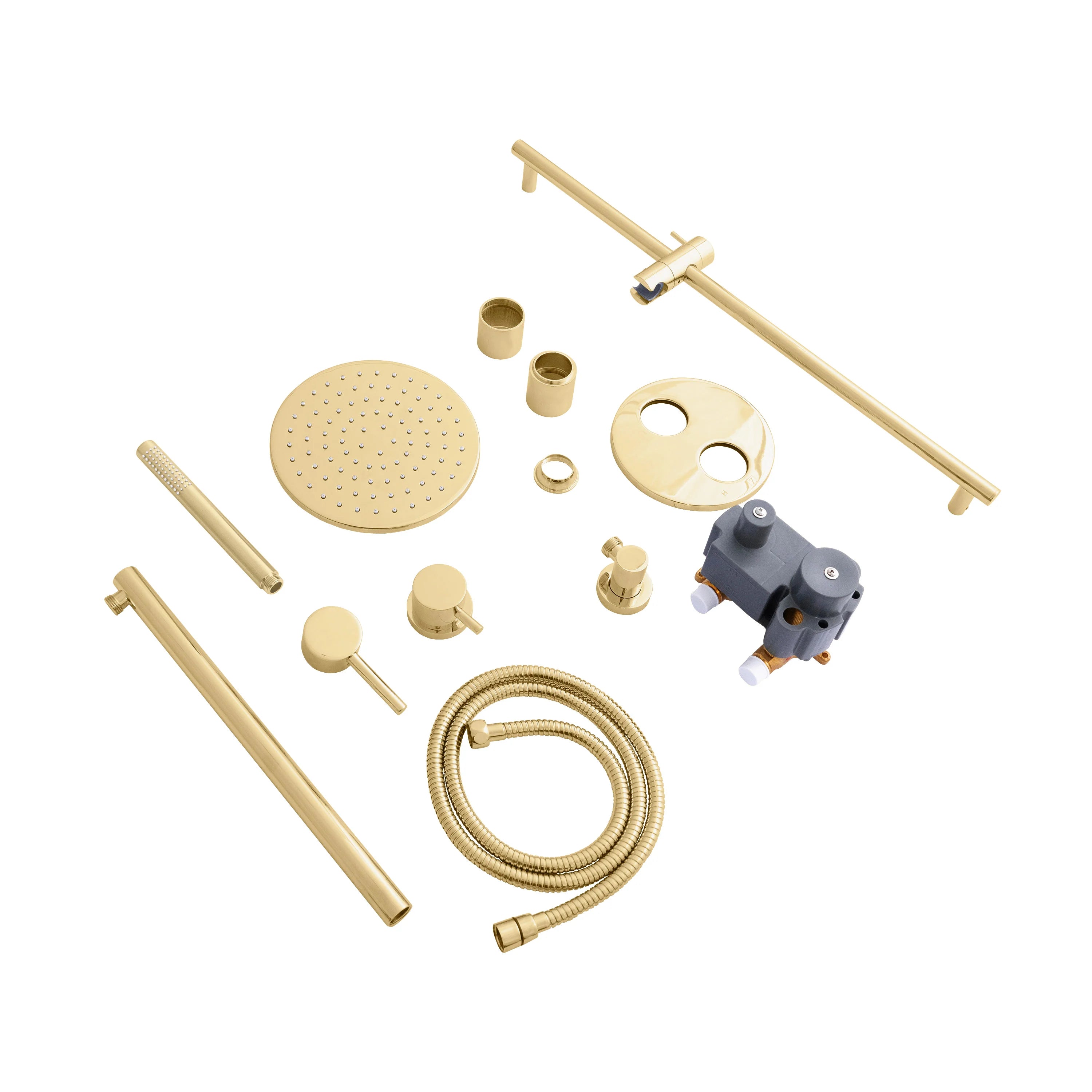 Polished gold shower system components set with shower arm, trim, hoses, and valve