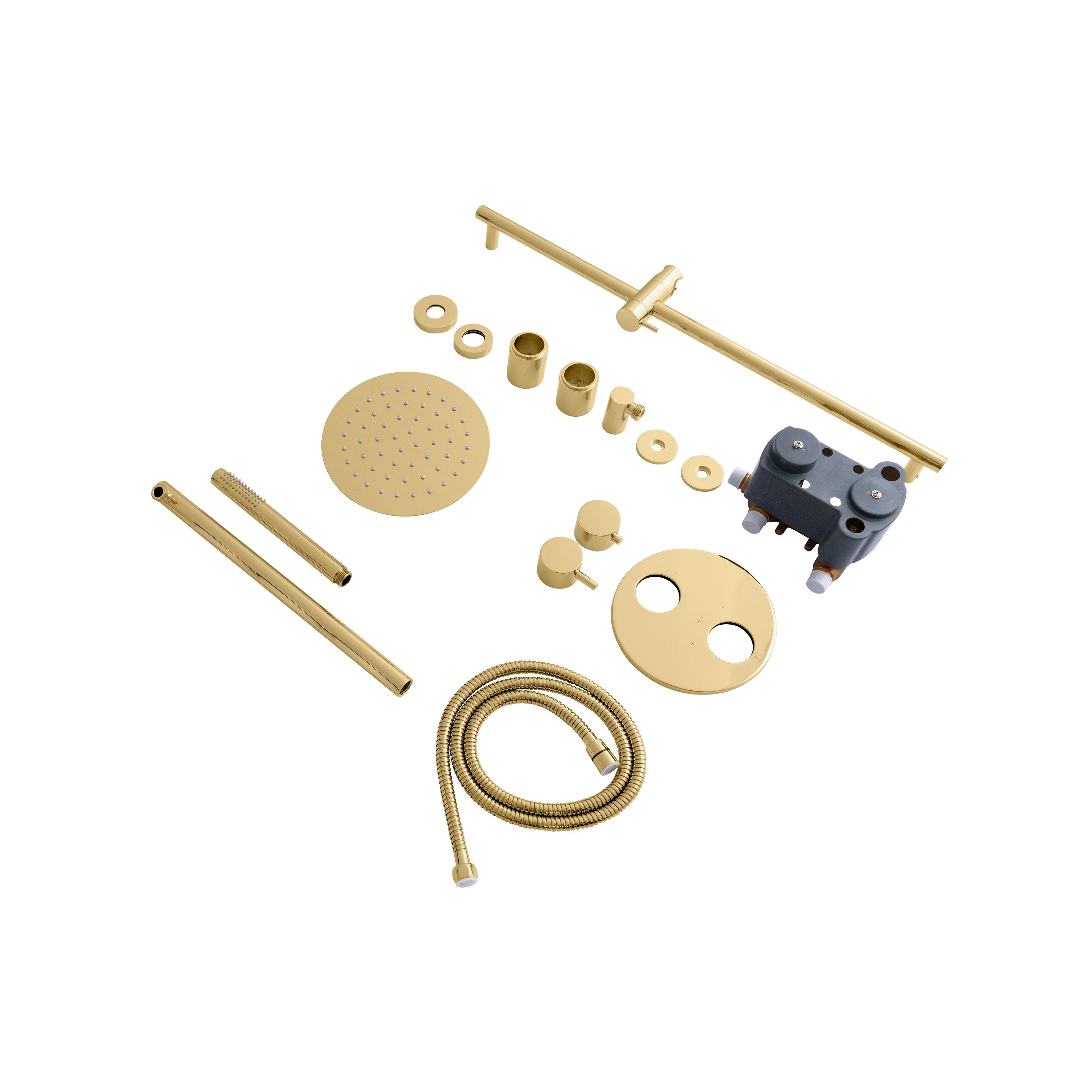 Polished gold thermostatic shower system kit with bar, hand shower, hose, fittings