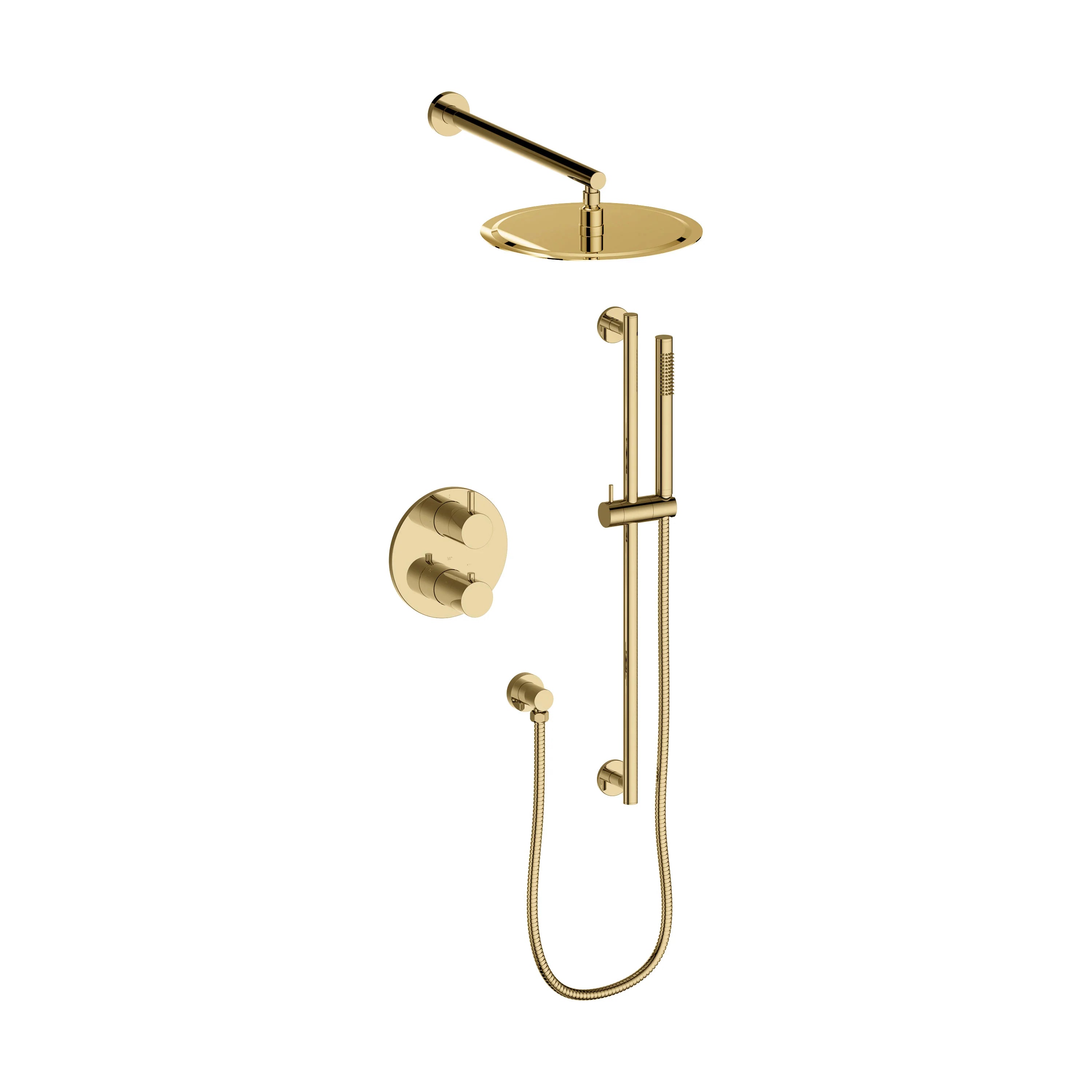 Polished gold thermostatic shower set with wall valves, shower arm, and hose