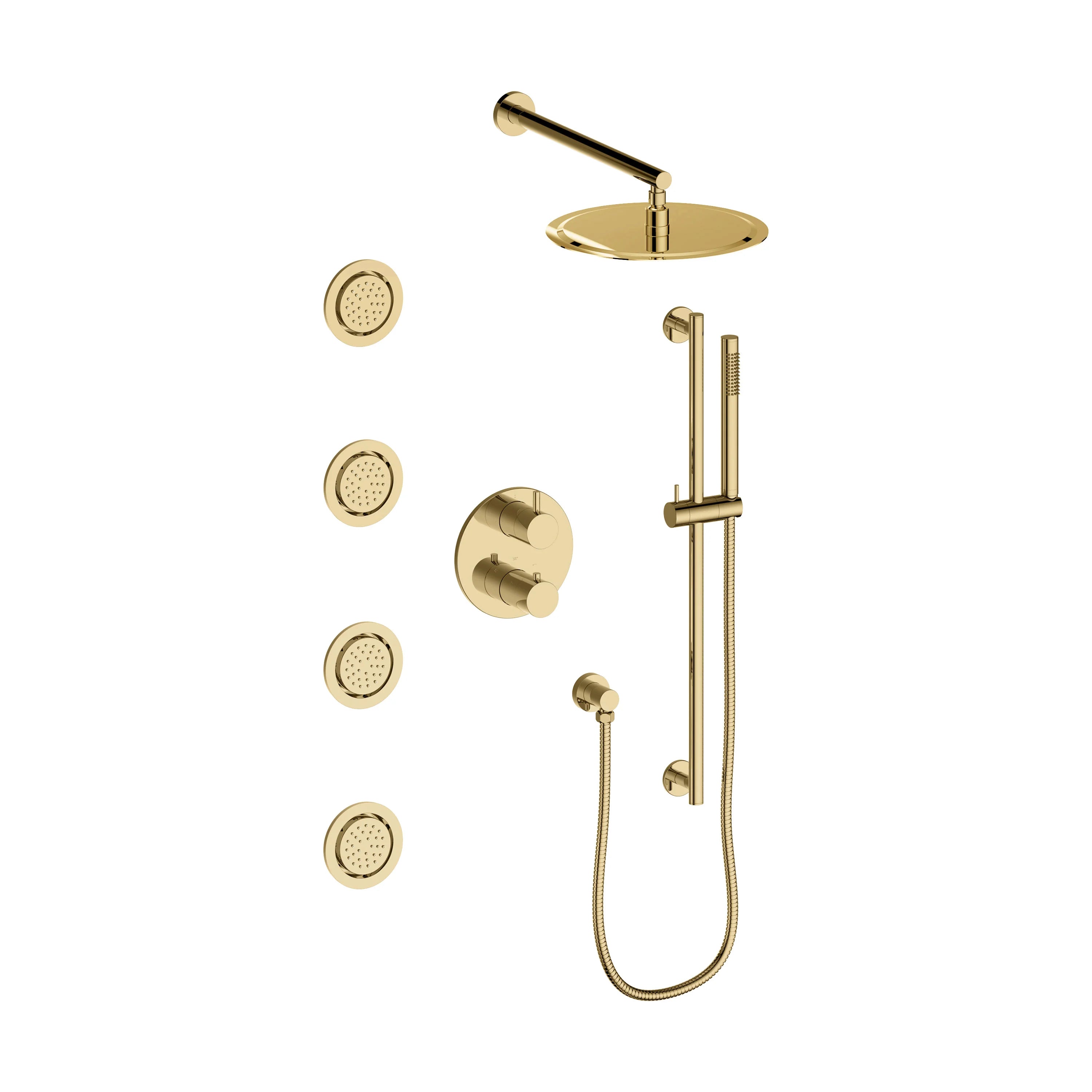 Polished gold thermostatic shower set with rain showerhead and body jets