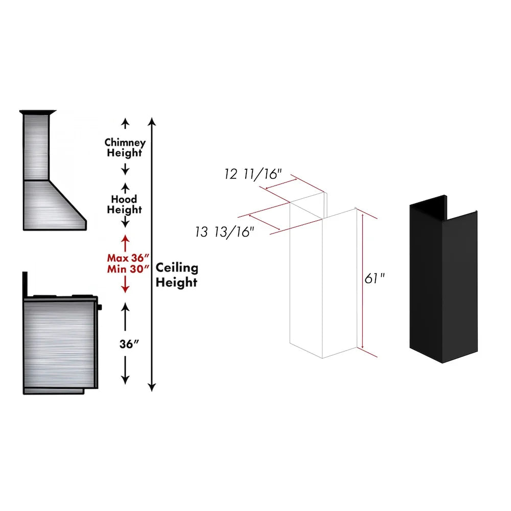 Black chimney extension for ceiling installation, shows dimensions and chimney hood height