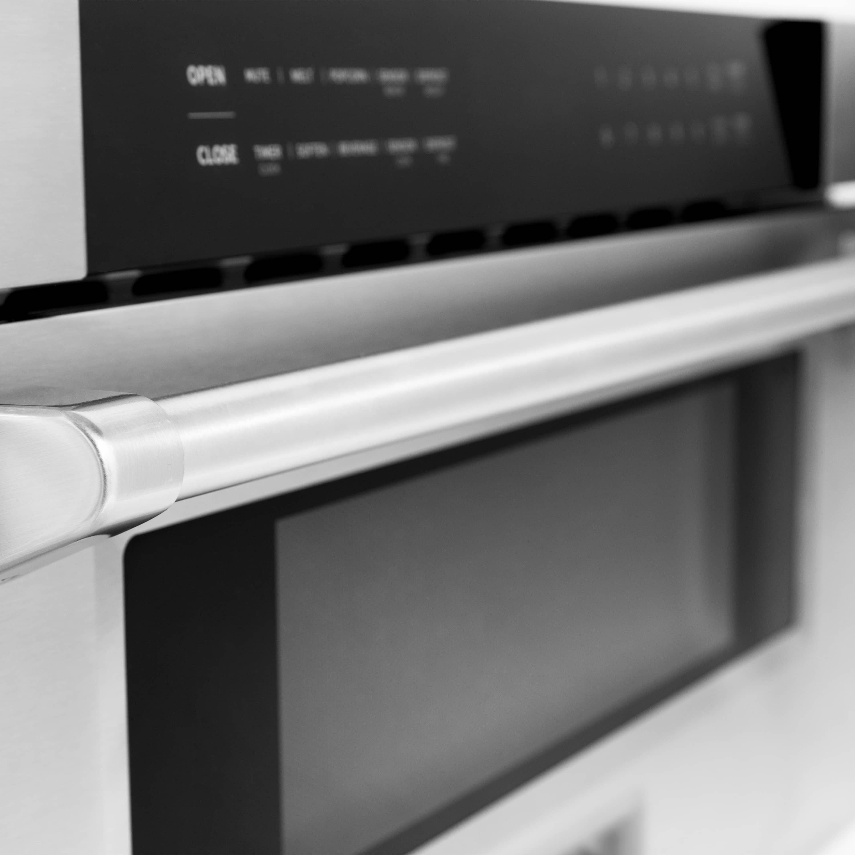 Stainless steel microwave drawer with black control panel and OPEN button