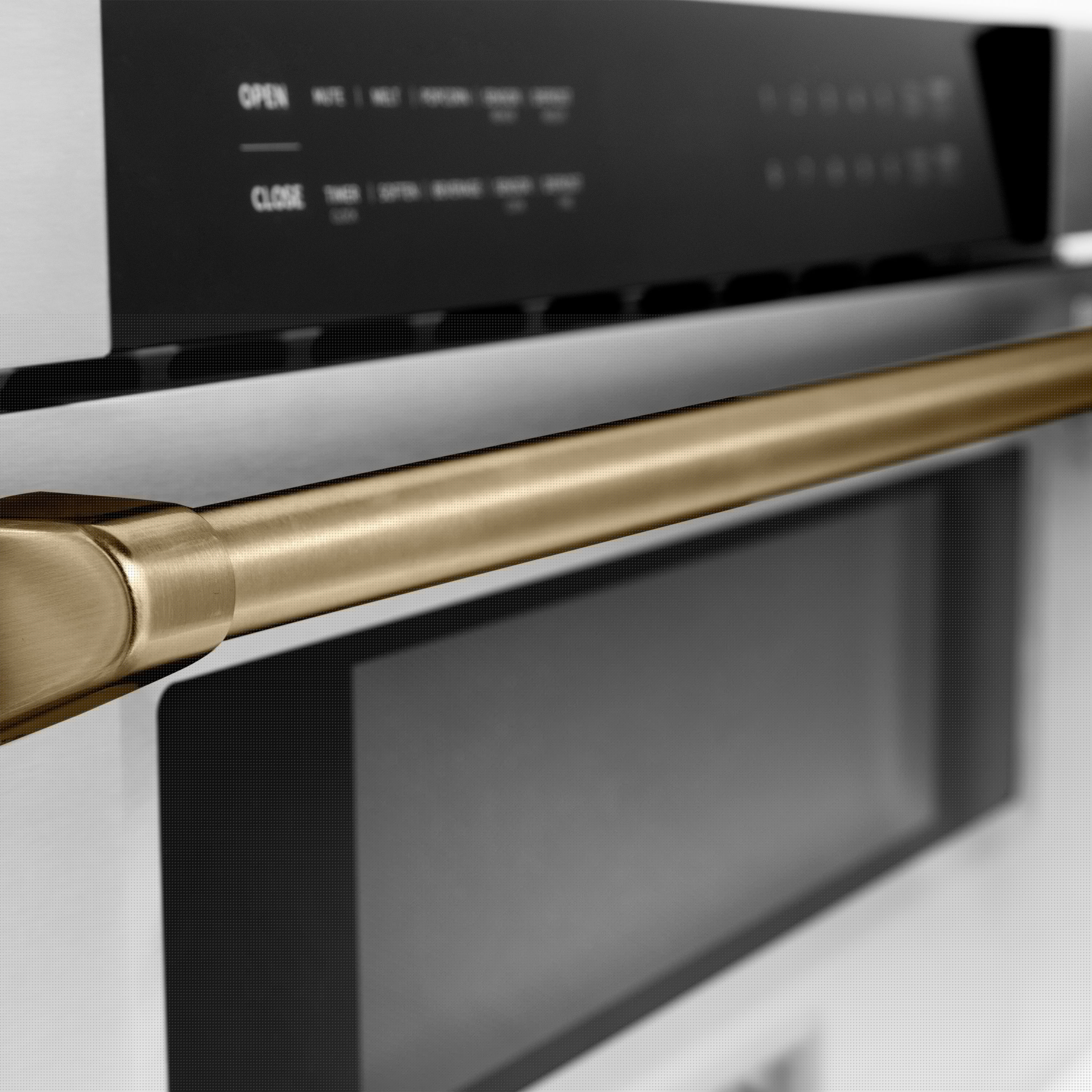 Champagne bronze oven handle with stainless control panel and black display