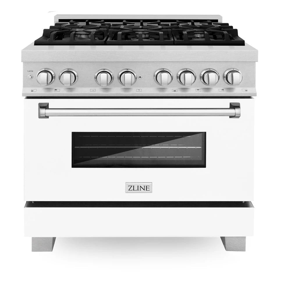 Dual fuel range front view with stainless control panel, white door and oven window
