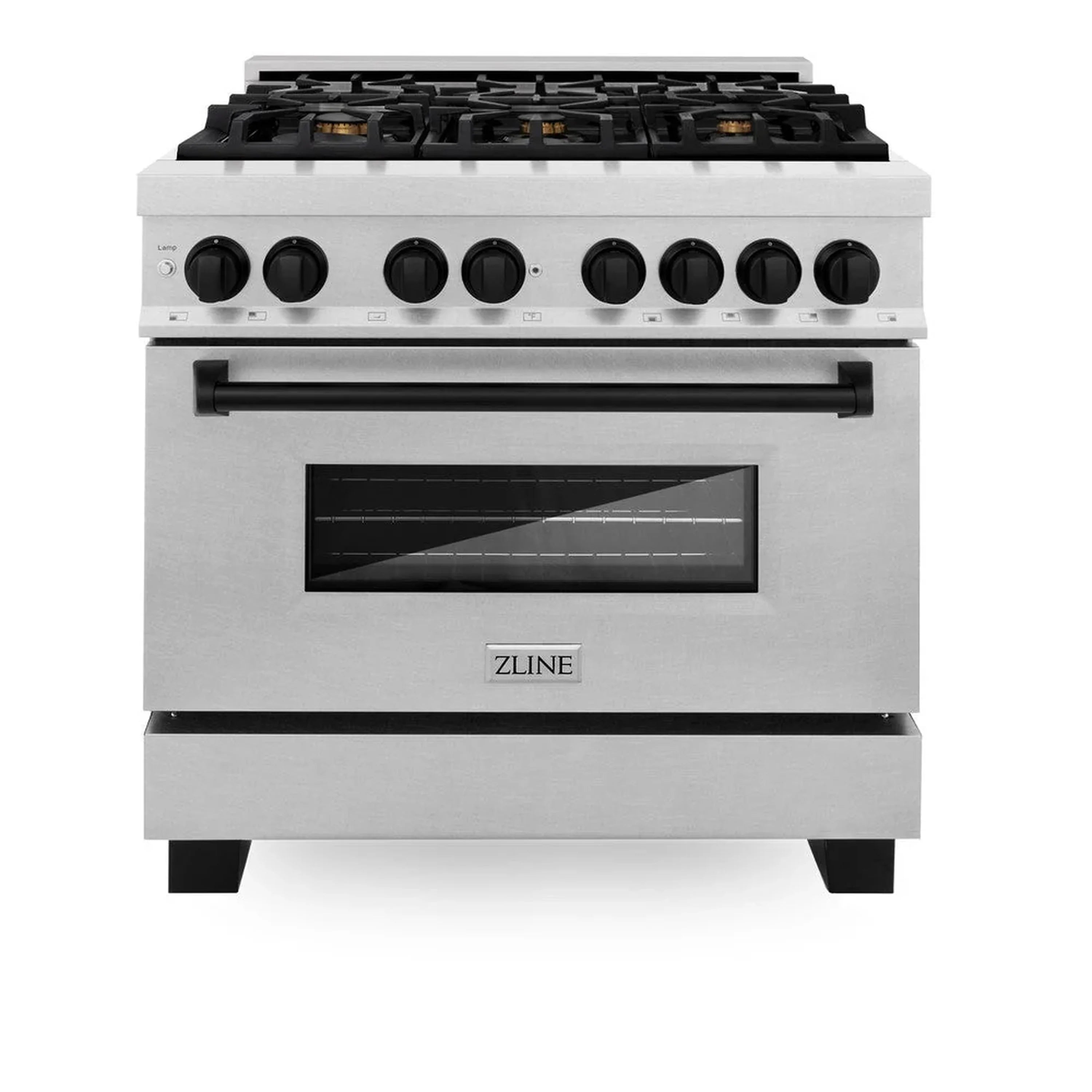Stainless steel dual fuel range with black burner grates, knobs, and oven door window