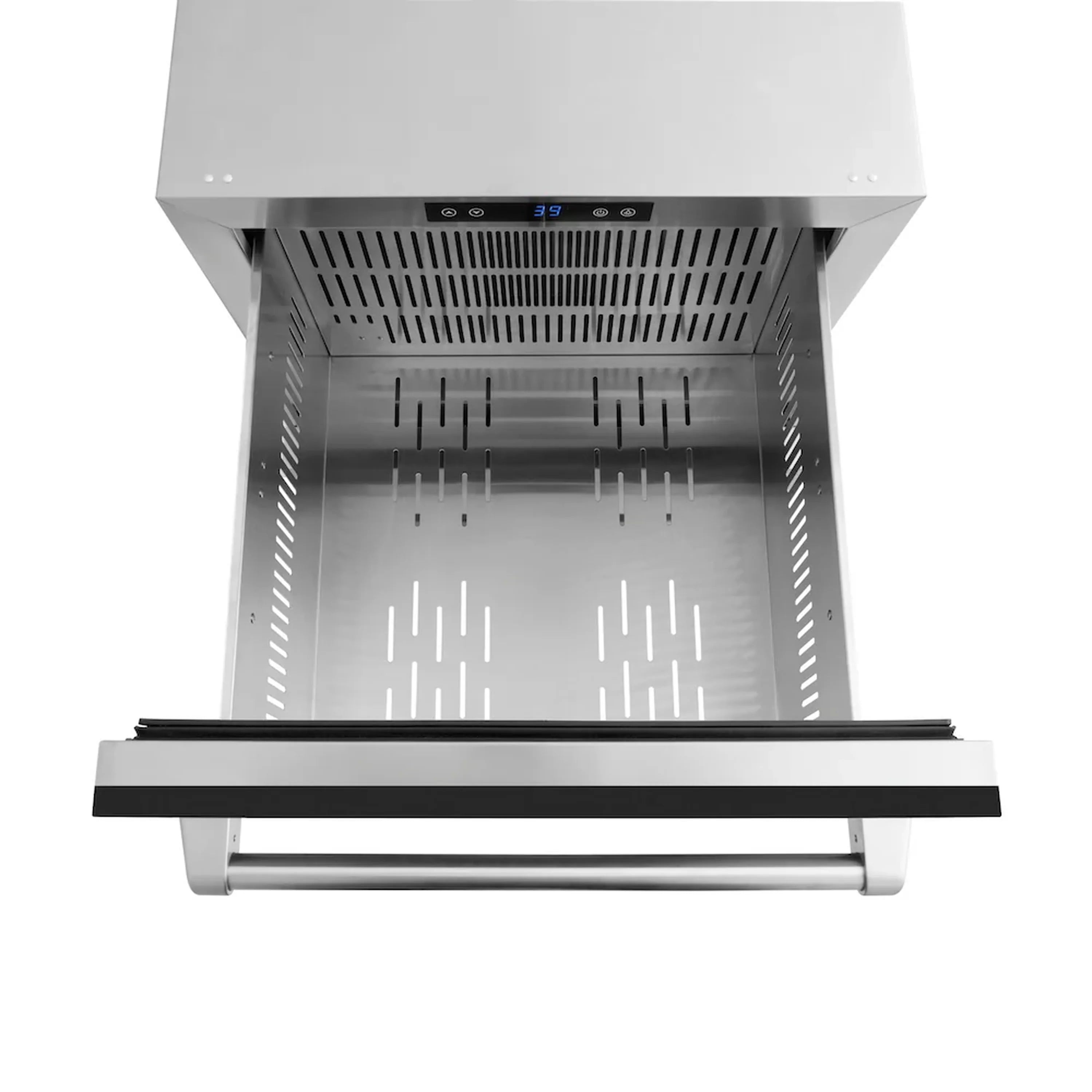 Refrigerator drawer interior with stainless racks and an extended front tray rail