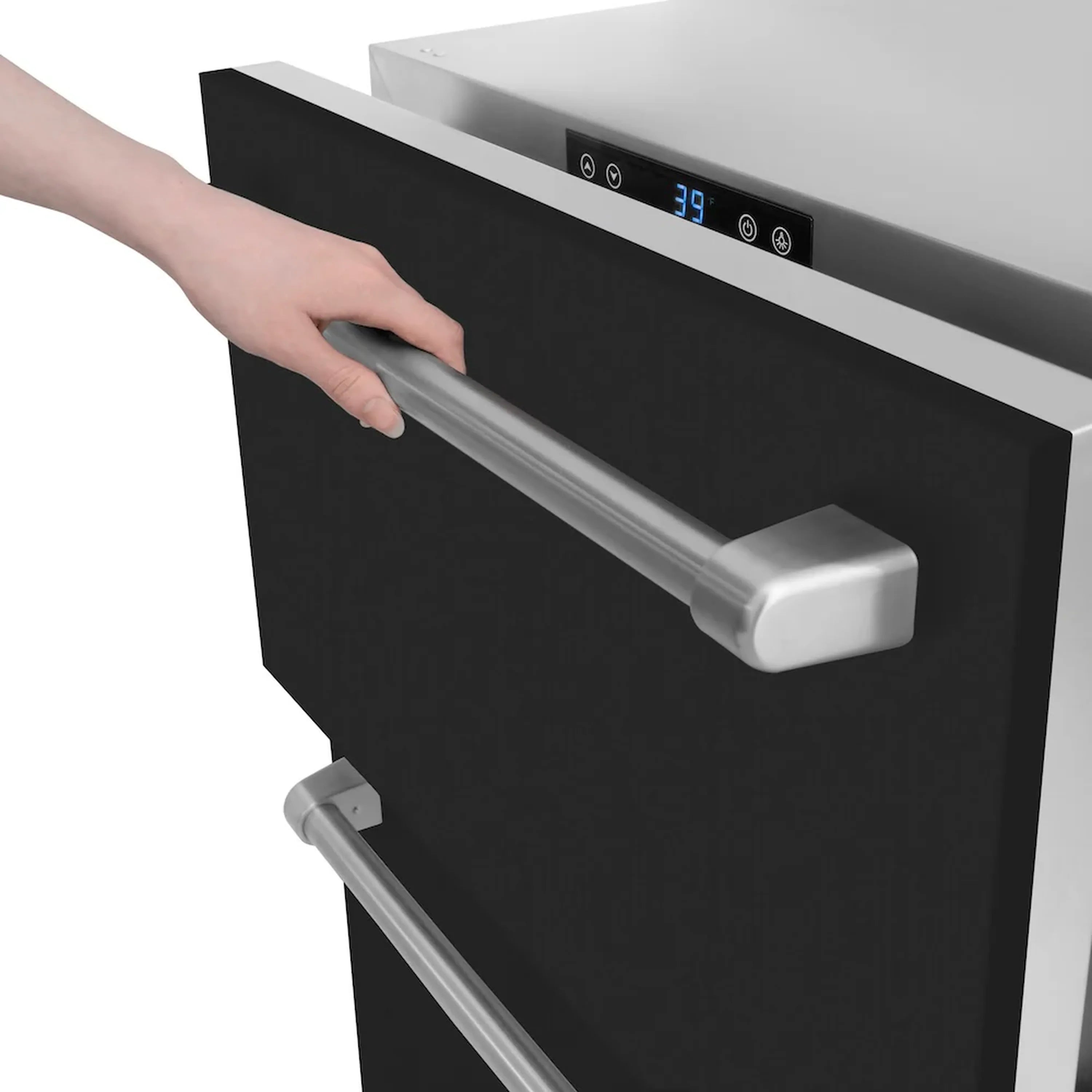 Black matte refrigerator drawer being pulled open; silver handle visible in close-up