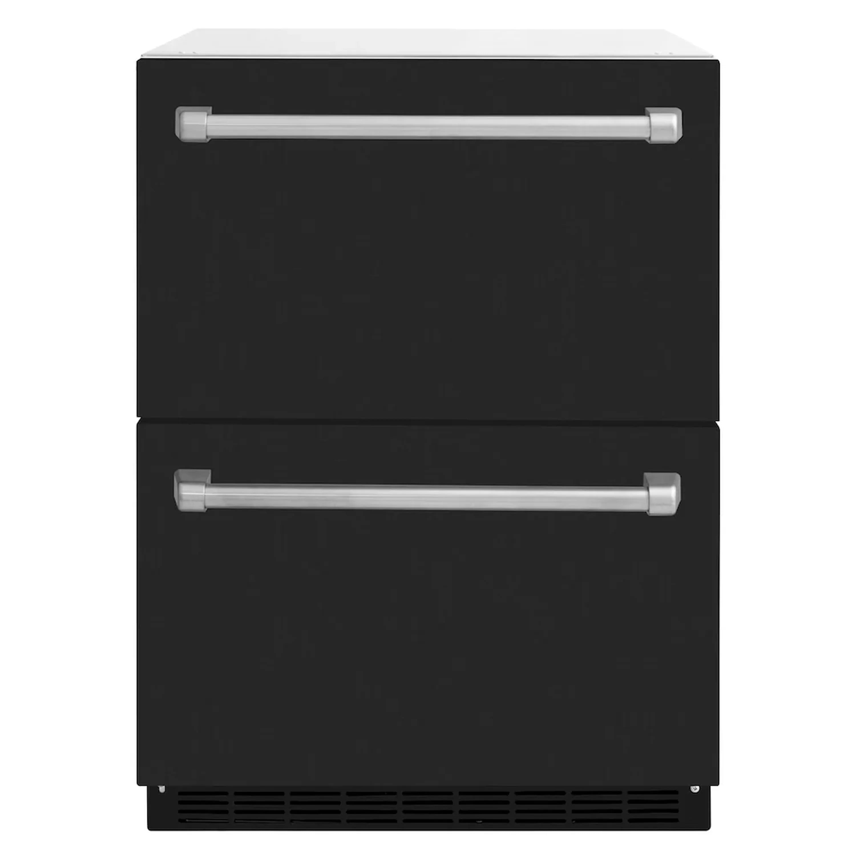 Black matte refrigerator drawer front view with two silver bar handles and lower vent grille