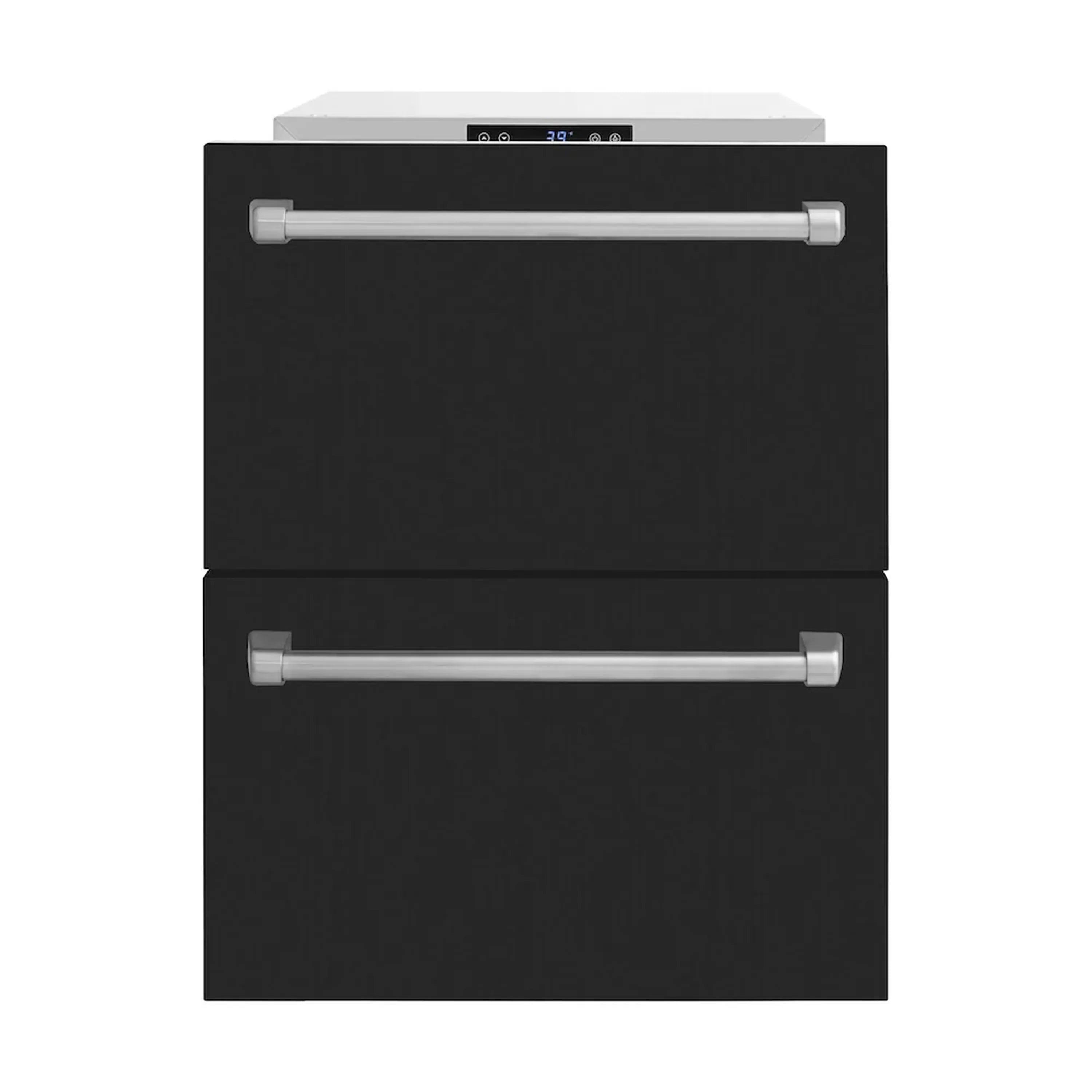Black matte refrigerator drawer with two silver bar handles and top control panel