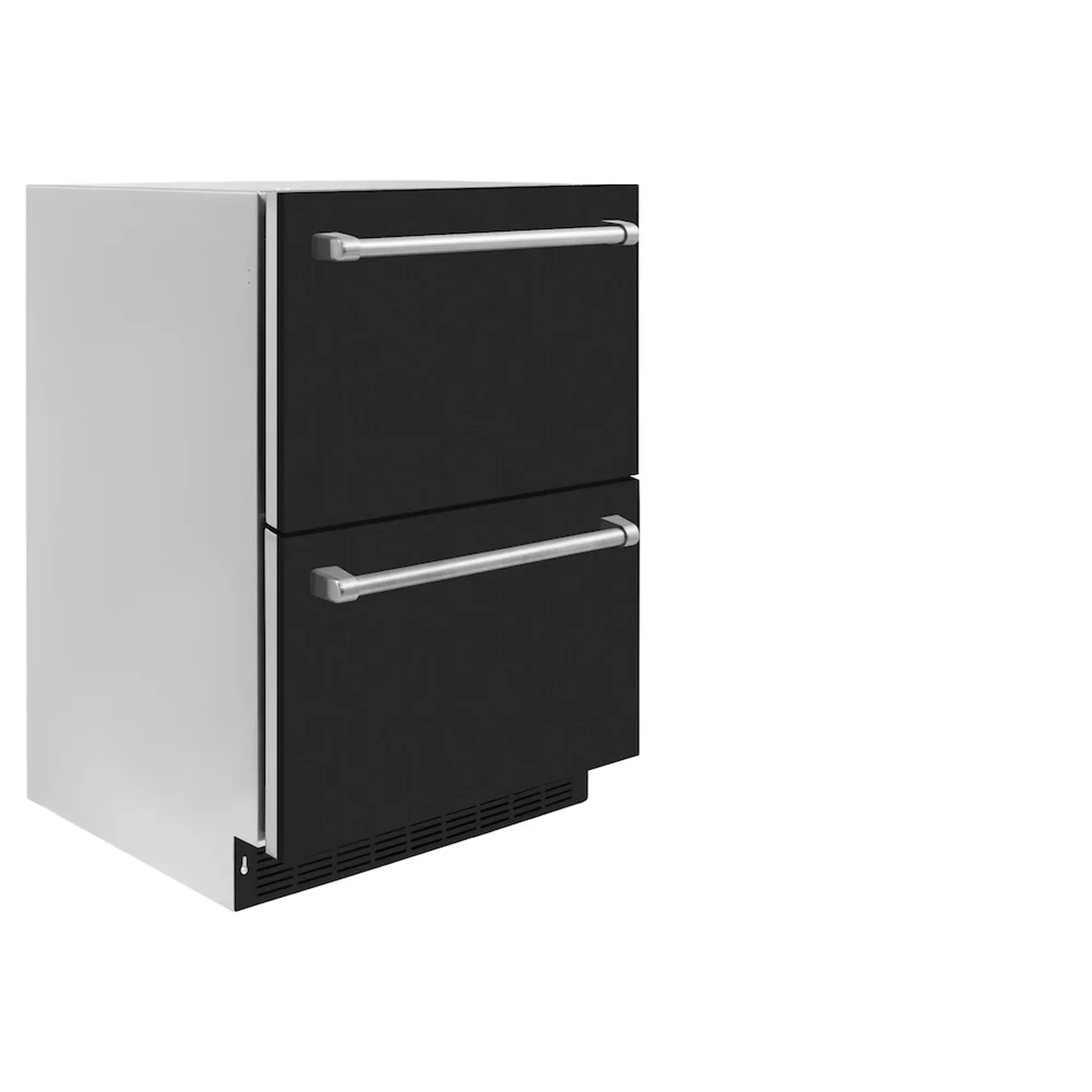 Refrigerator drawer in black matte with two silver handles, shown from a side angle