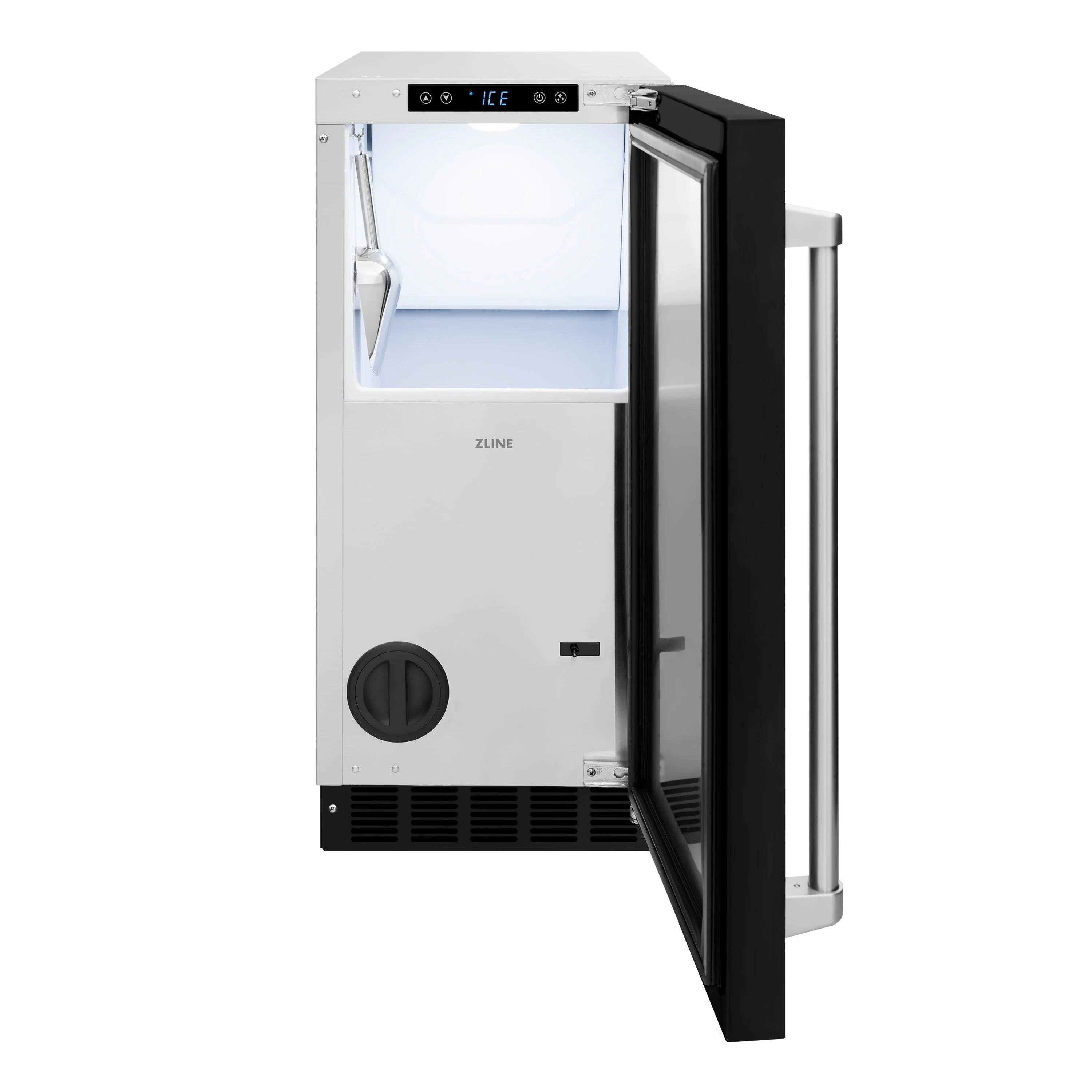 Built-in ice maker with open door, stainless interior and black exterior