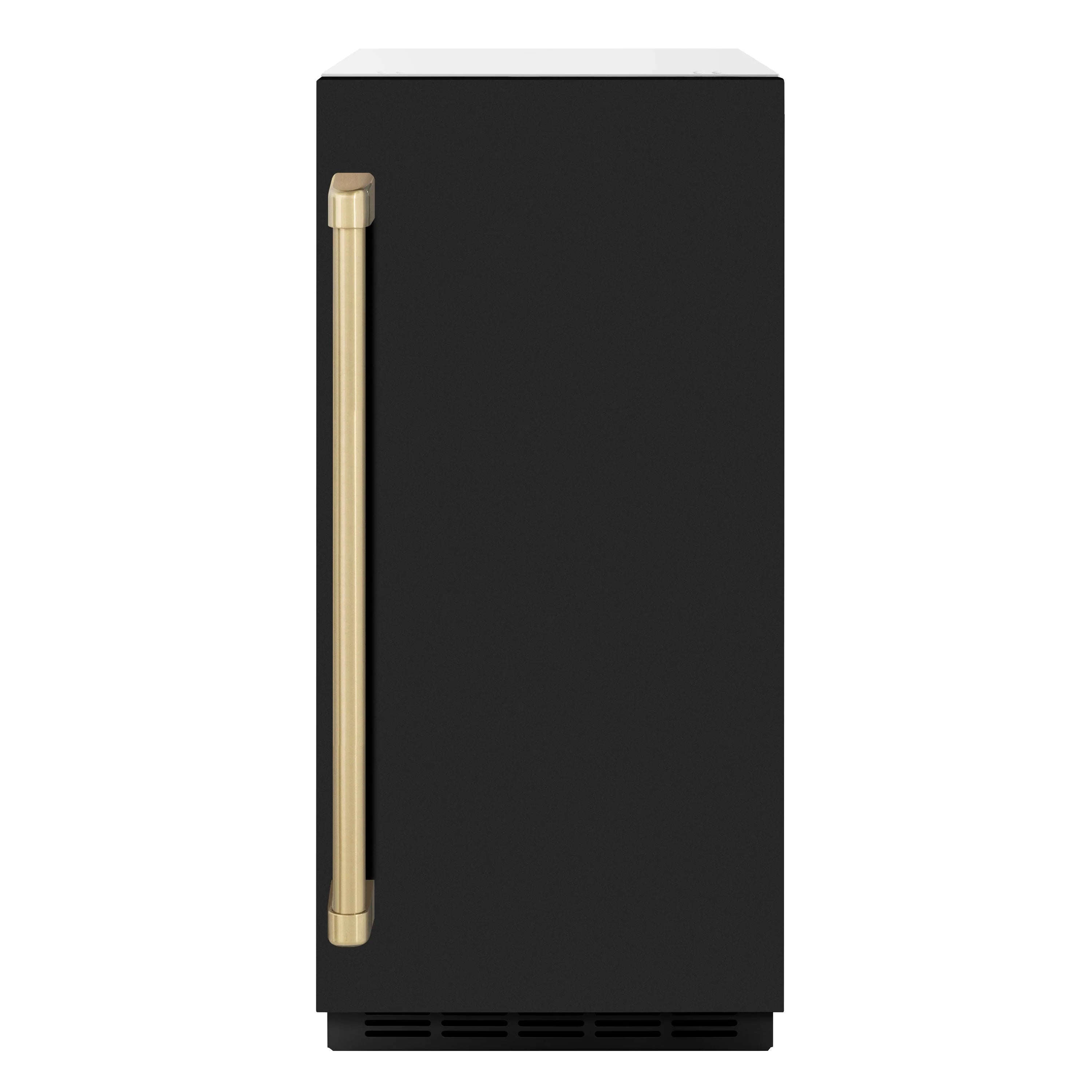 Black matte ice maker with tall champagne bronze handle on front