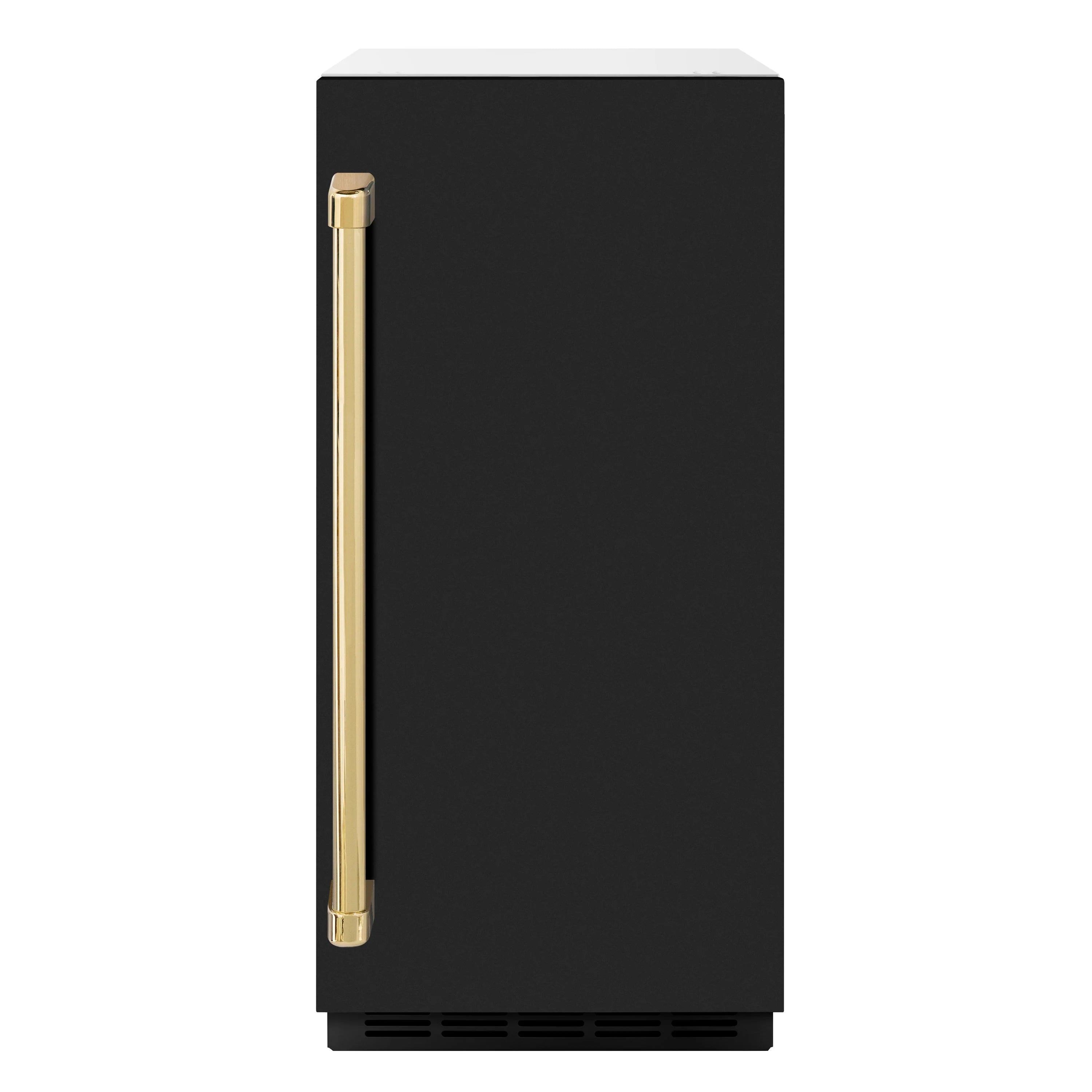 Black ice maker with tall gold handle and bottom vent grilles.