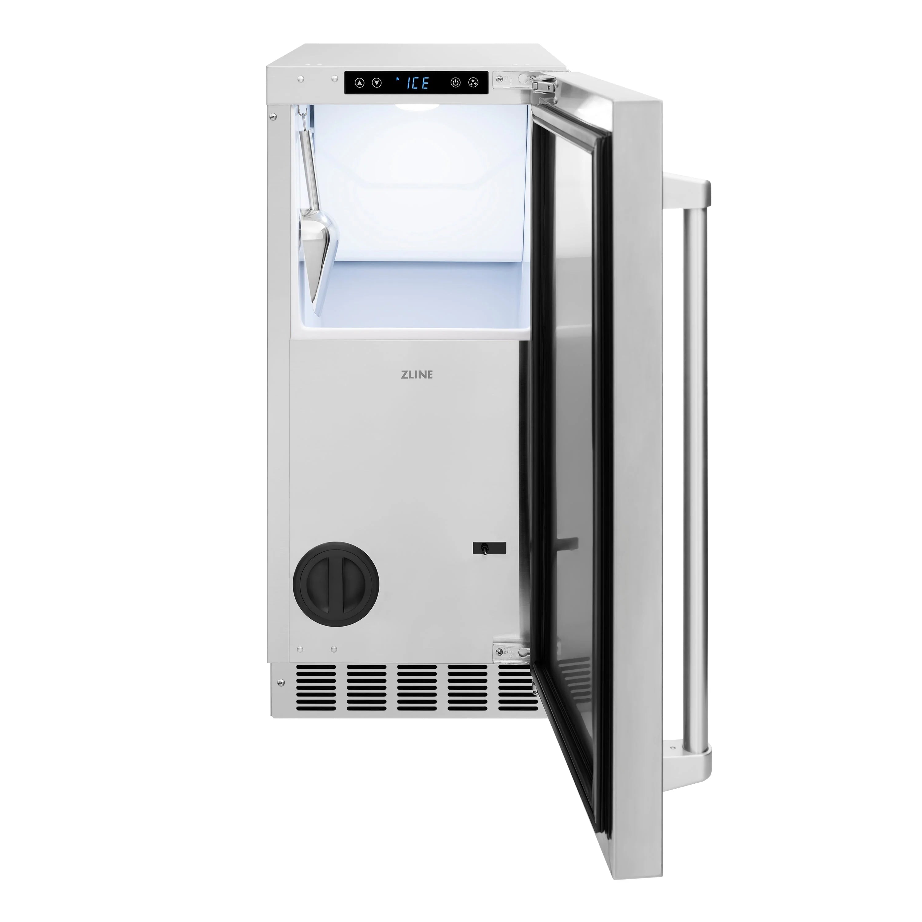 Stainless cube ice maker with front door open, showing interior ice bin