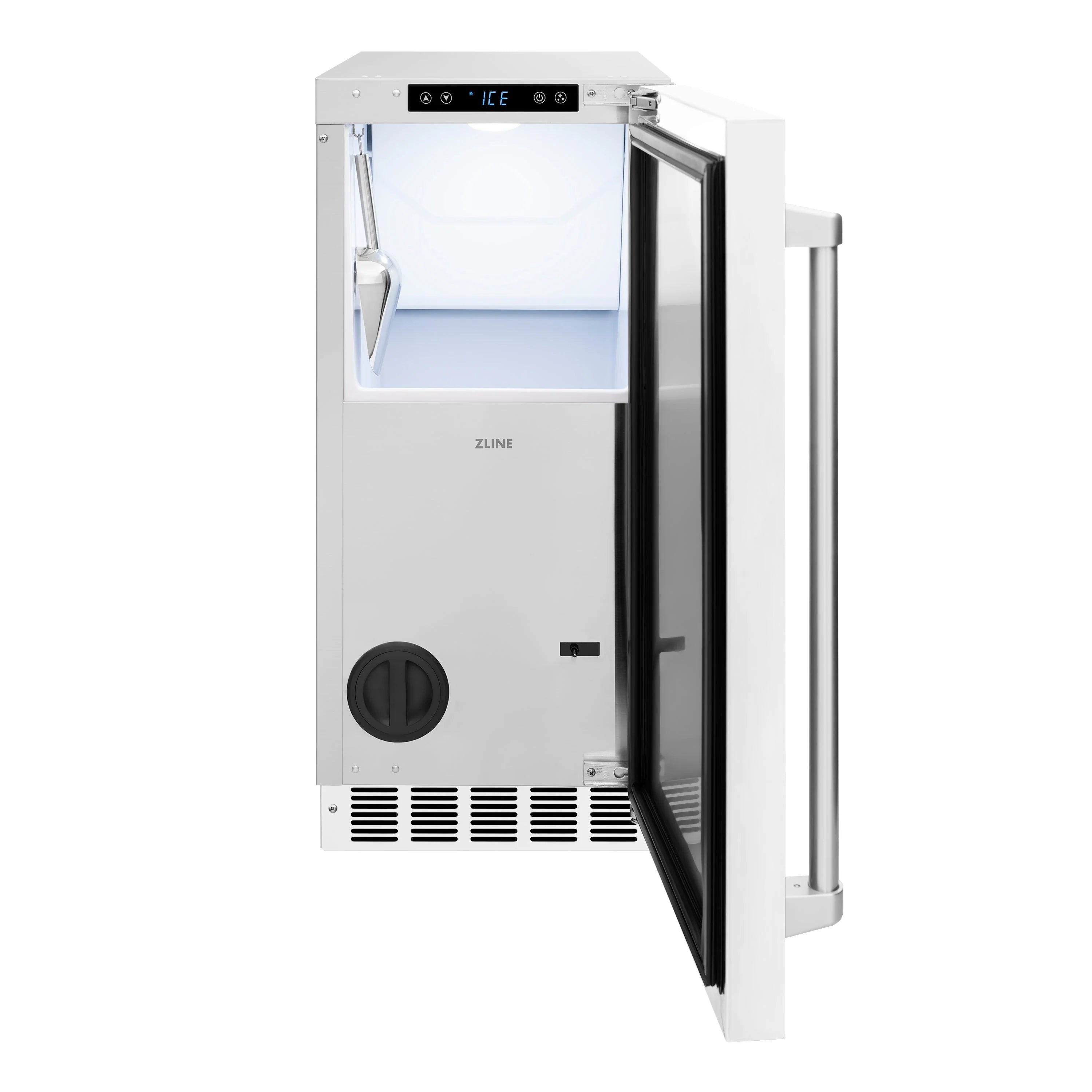 White matte cube ice maker with open door, interior bin, and black door gasket