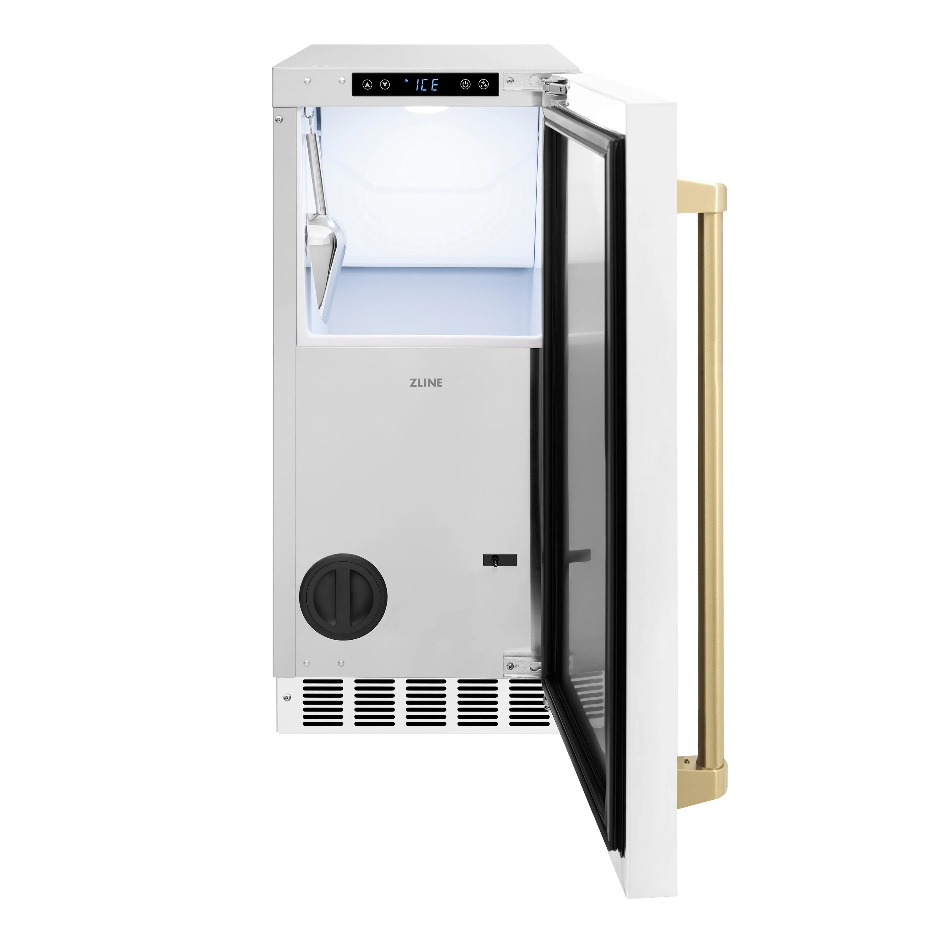 Matte white built-in ice maker with open door, ice tray, and champagne bronze handle