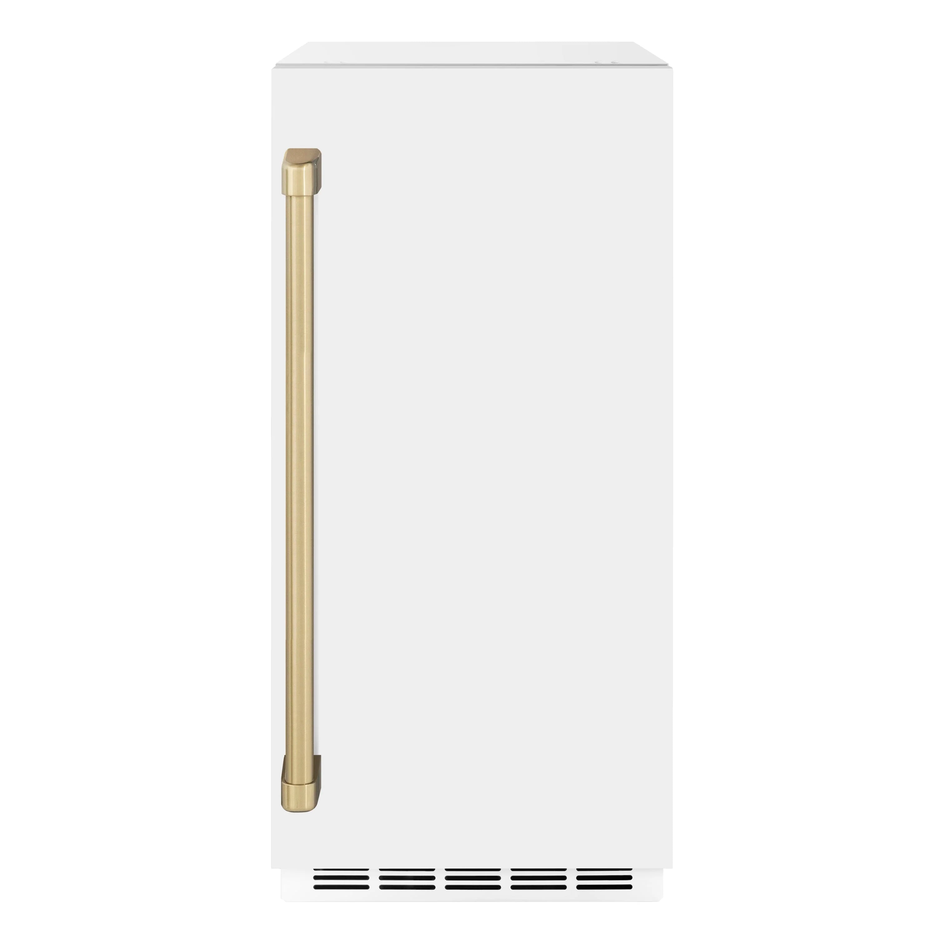 Matte white ice maker door with tall champagne bronze handle
