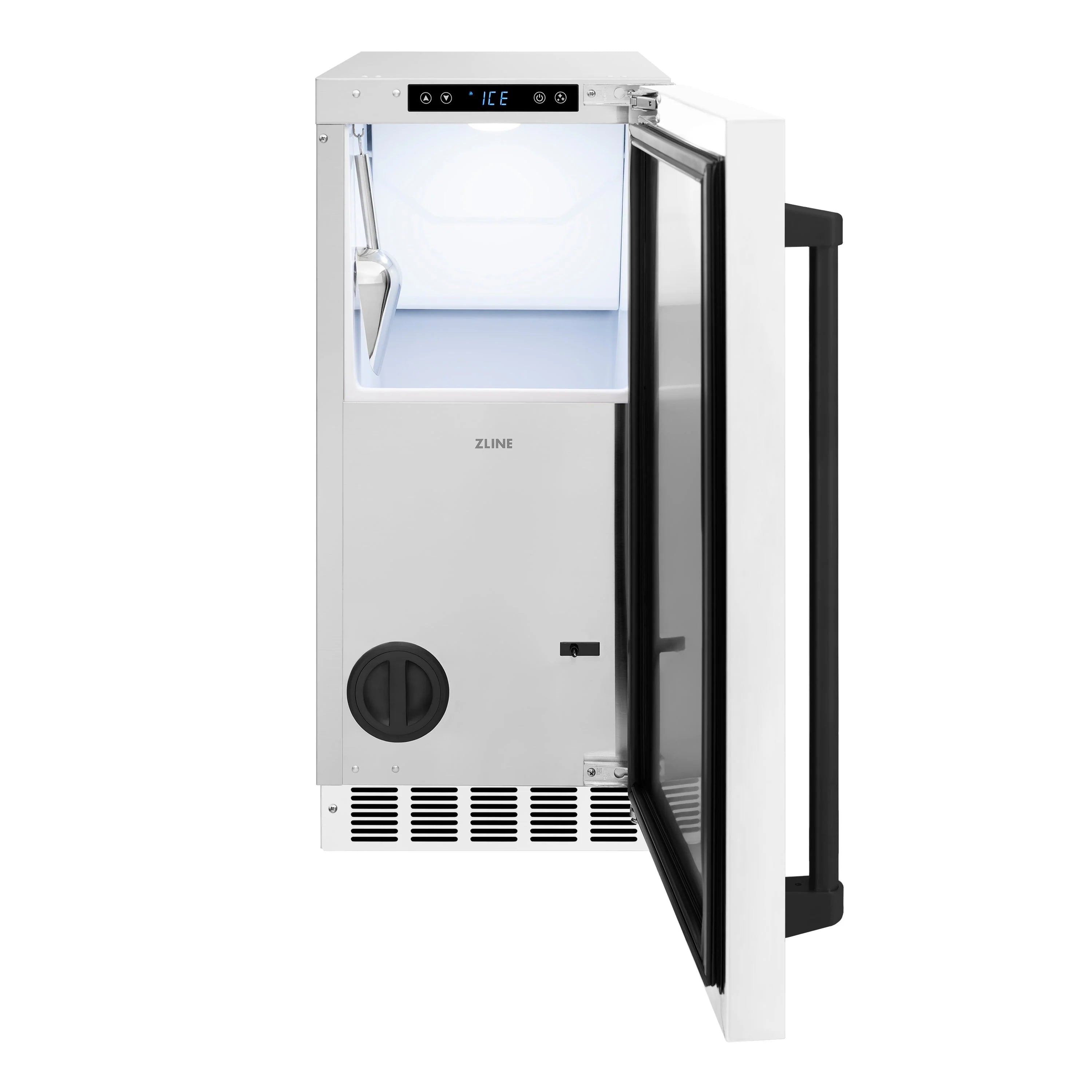 ZLINE 15-inch ice maker in white with open door and matte black handle