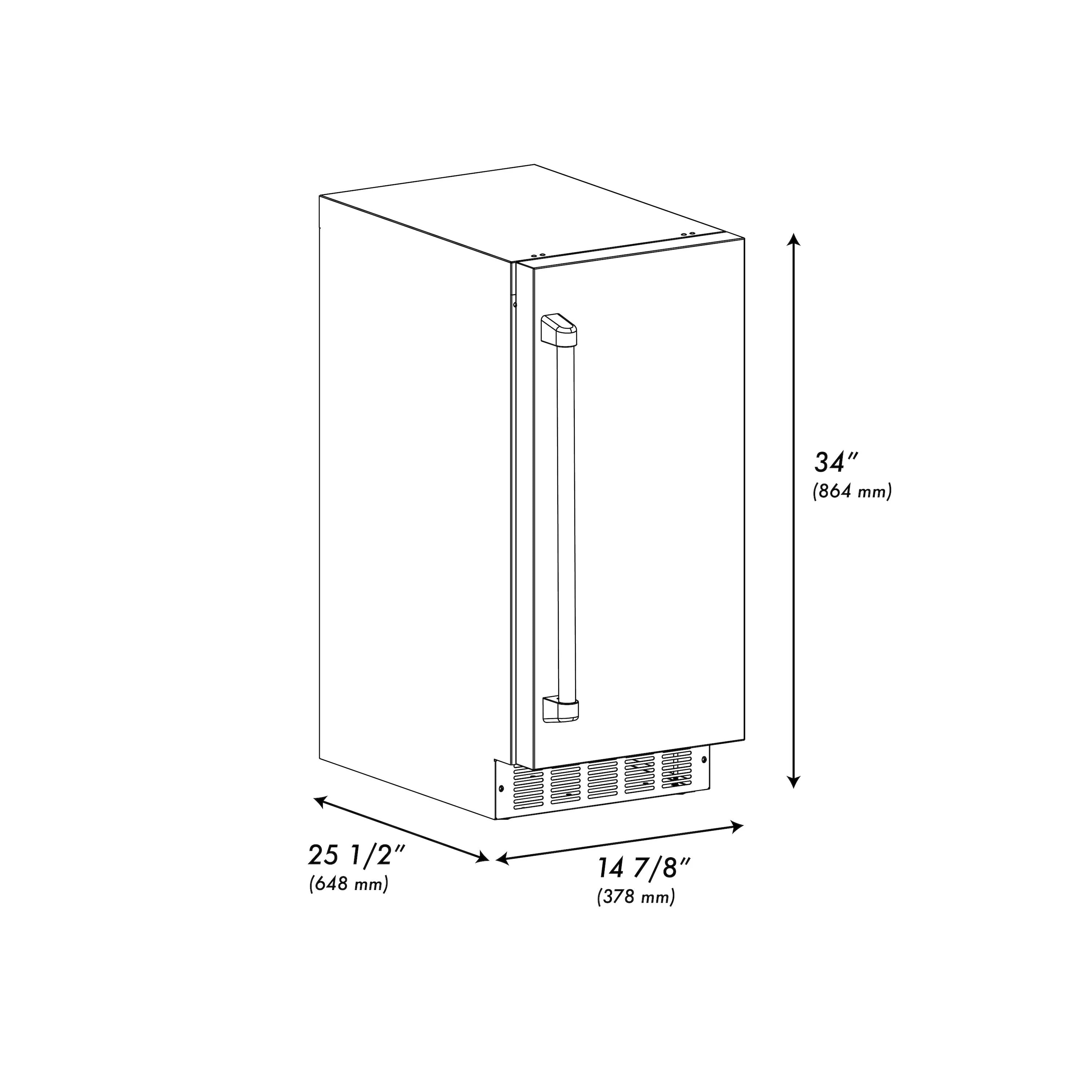 Stainless steel ice maker side view with vented base and vertical pull handle