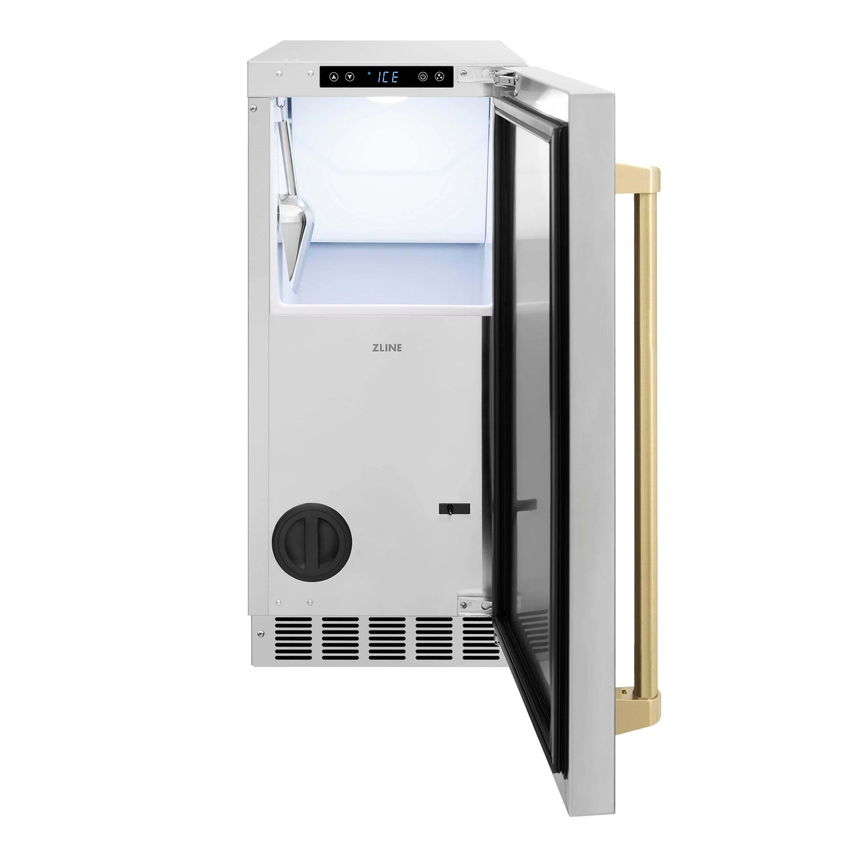 Stainless steel ice maker with open door showing ice bin and champagne bronze handle