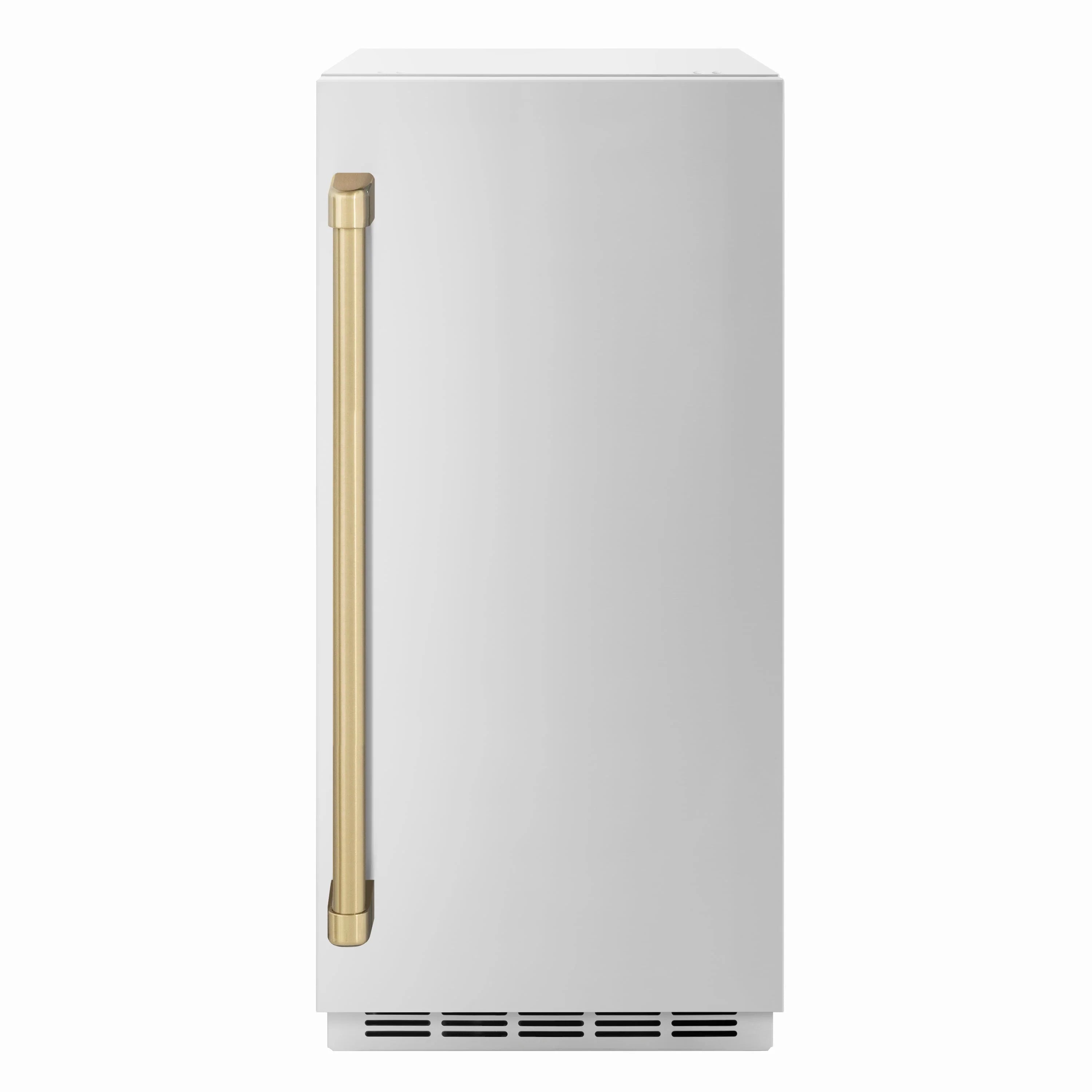 Stainless steel ice maker with champagne bronze handle and vented bottom grille