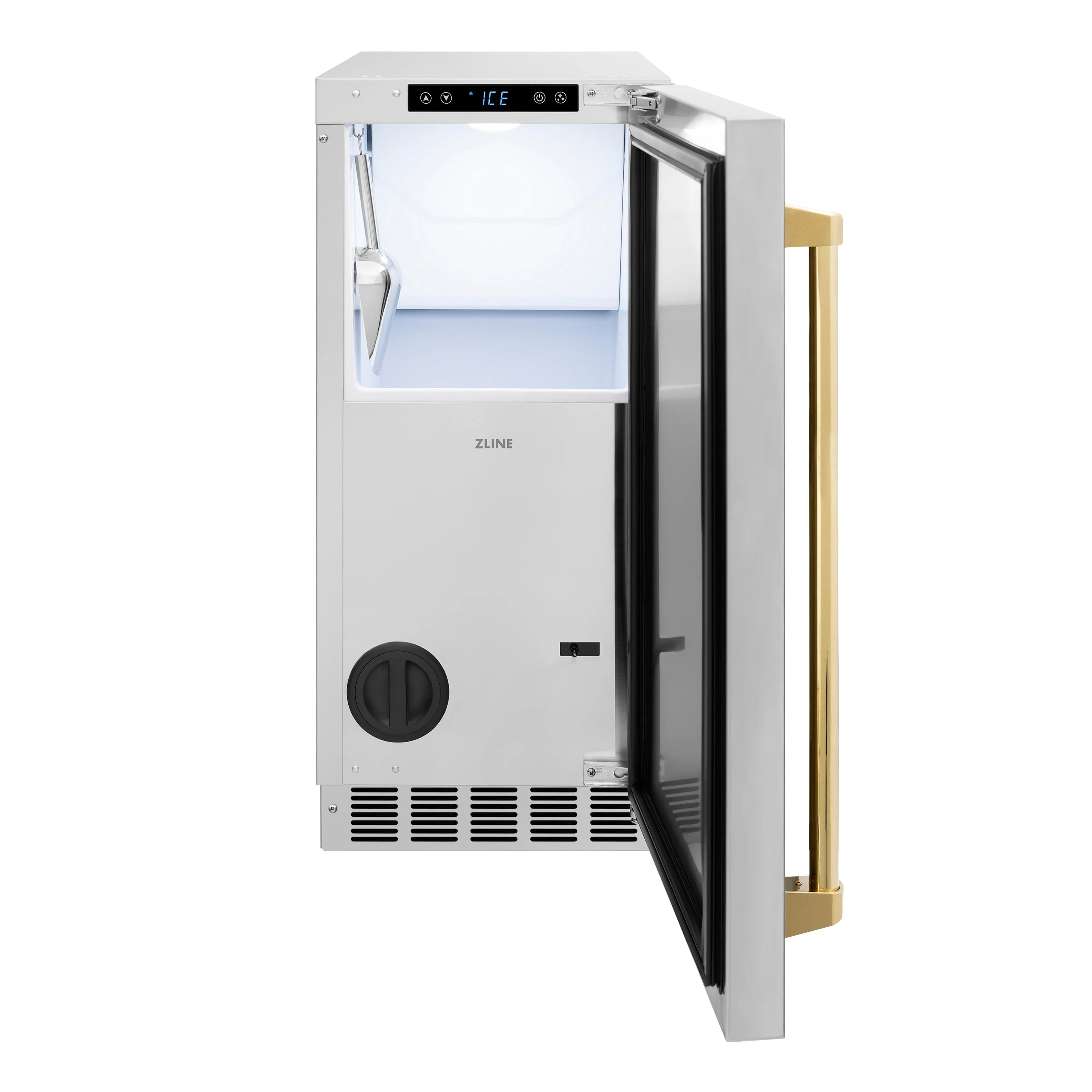 Built-in ice maker with open door showing ice bin, stainless frame, gold handle
